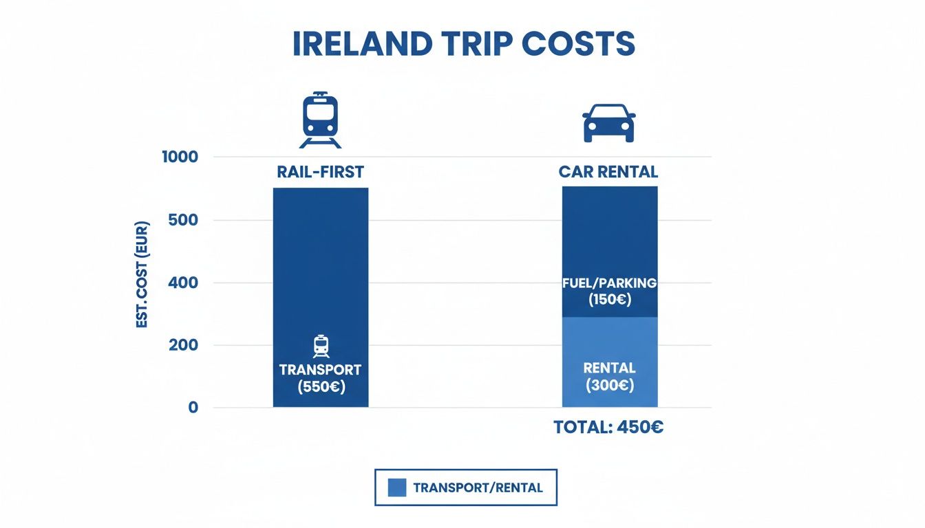 Bar chart comparing estimated Ireland trip transportation costs: Rail-First at 550€ versus Car Rental at 450€.