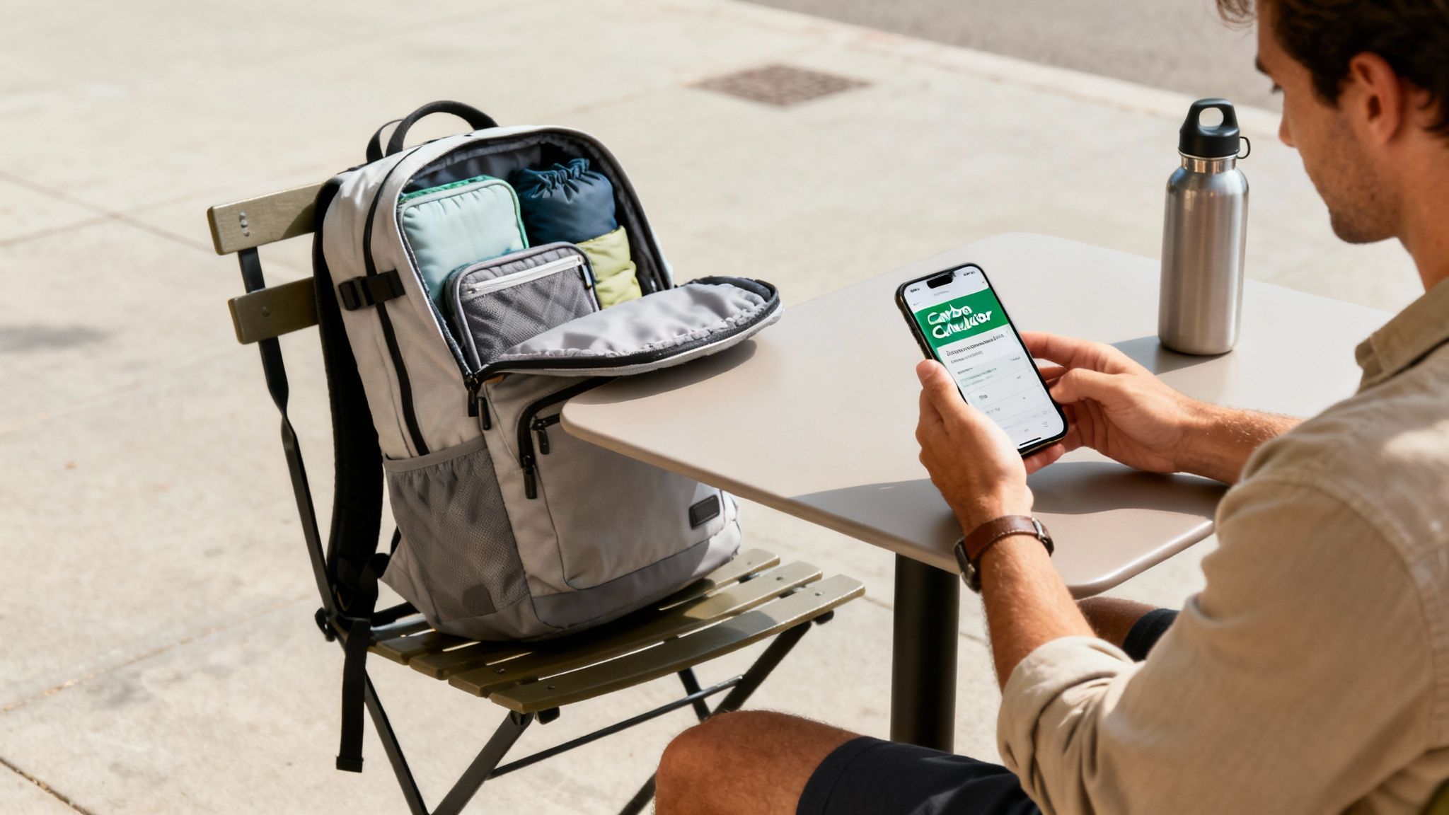 A man calculates his carbon footprint on a smartphone app while sitting outdoors beside a backpack, illustrating carbon-neutral travel planning.