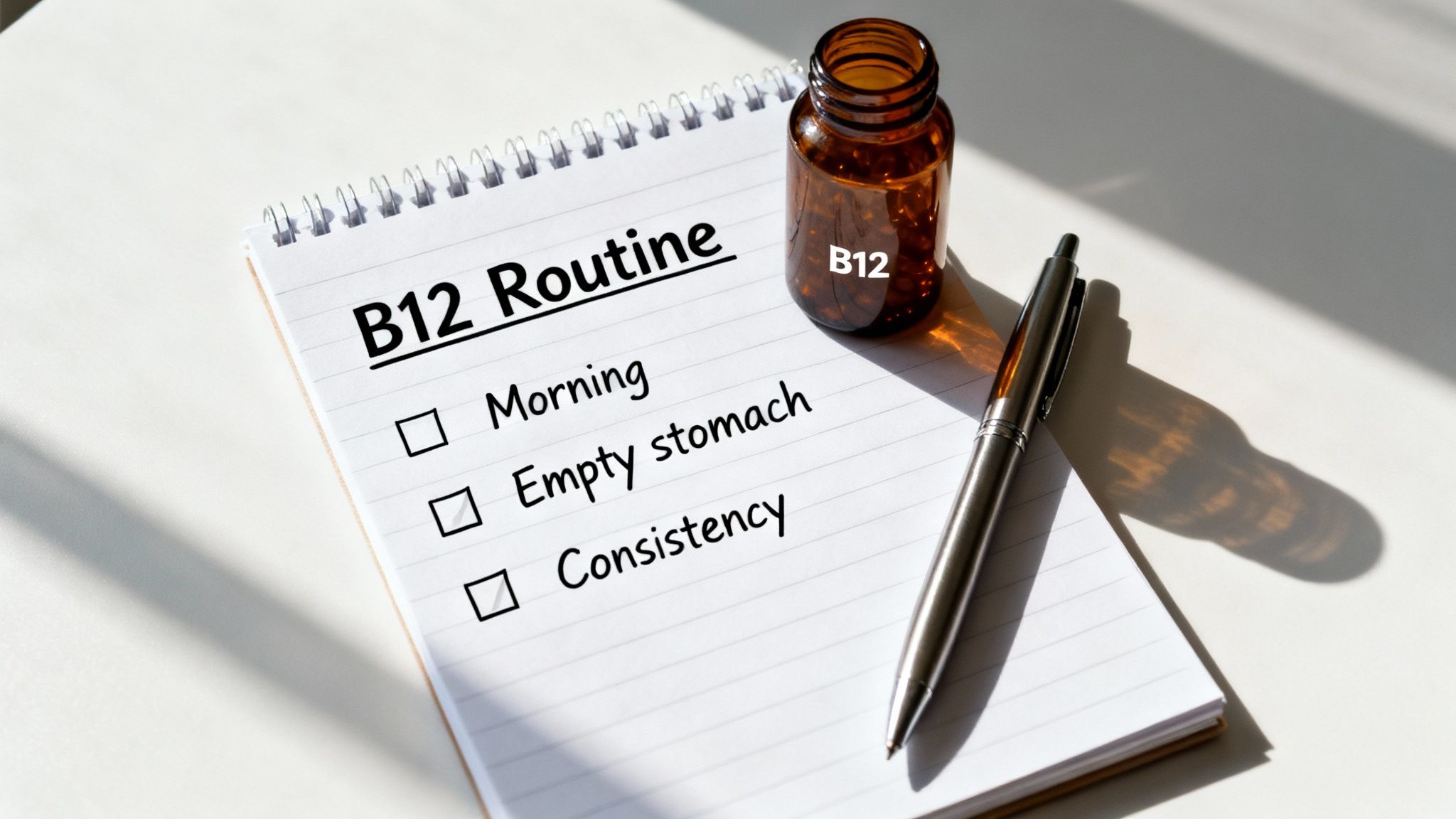 Notebook showing a “B12 Routine” checklist beside a vitamin B12 bottle and pen, illustrating the best time of day to take vitamin b12 for a daily supplement routine.