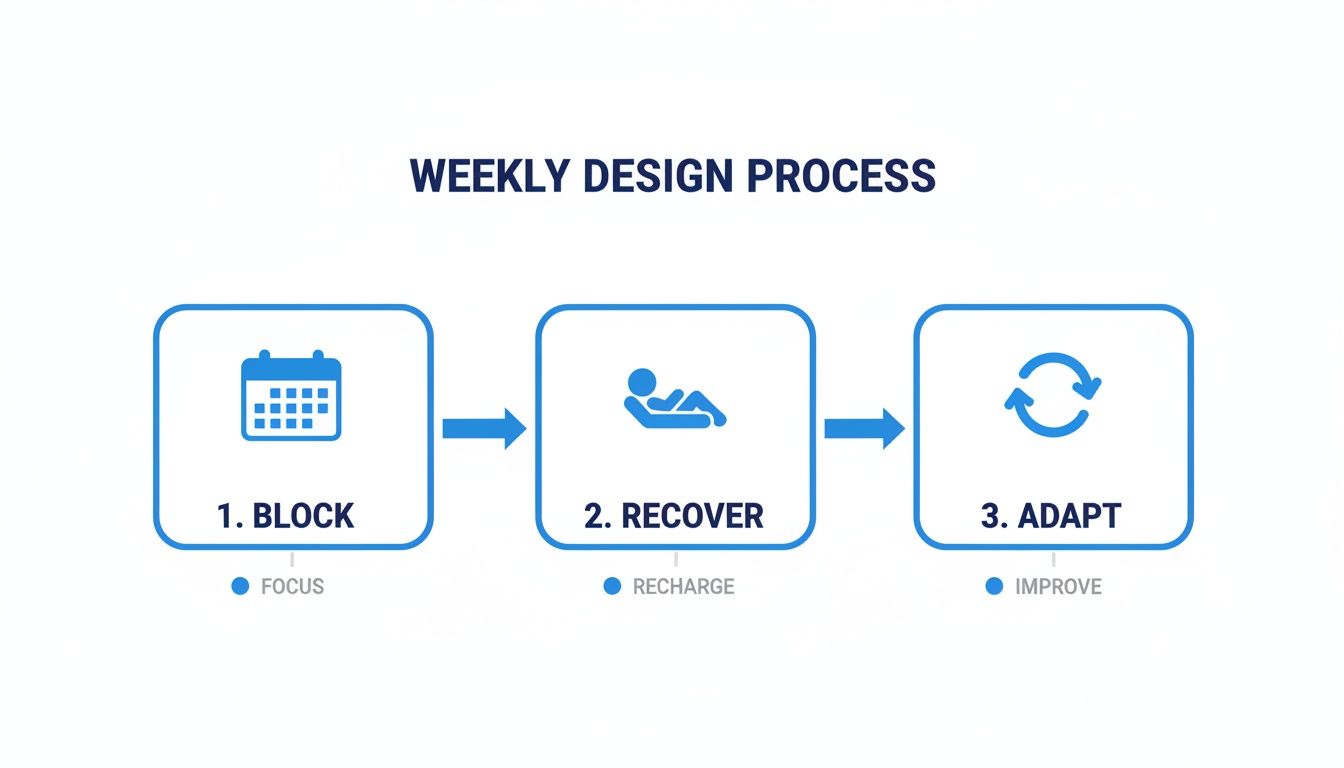 Infographic detailing a weekly process: Block for focus, Recover for recharge, and Adapt for improvement when learning how to balance life and work.