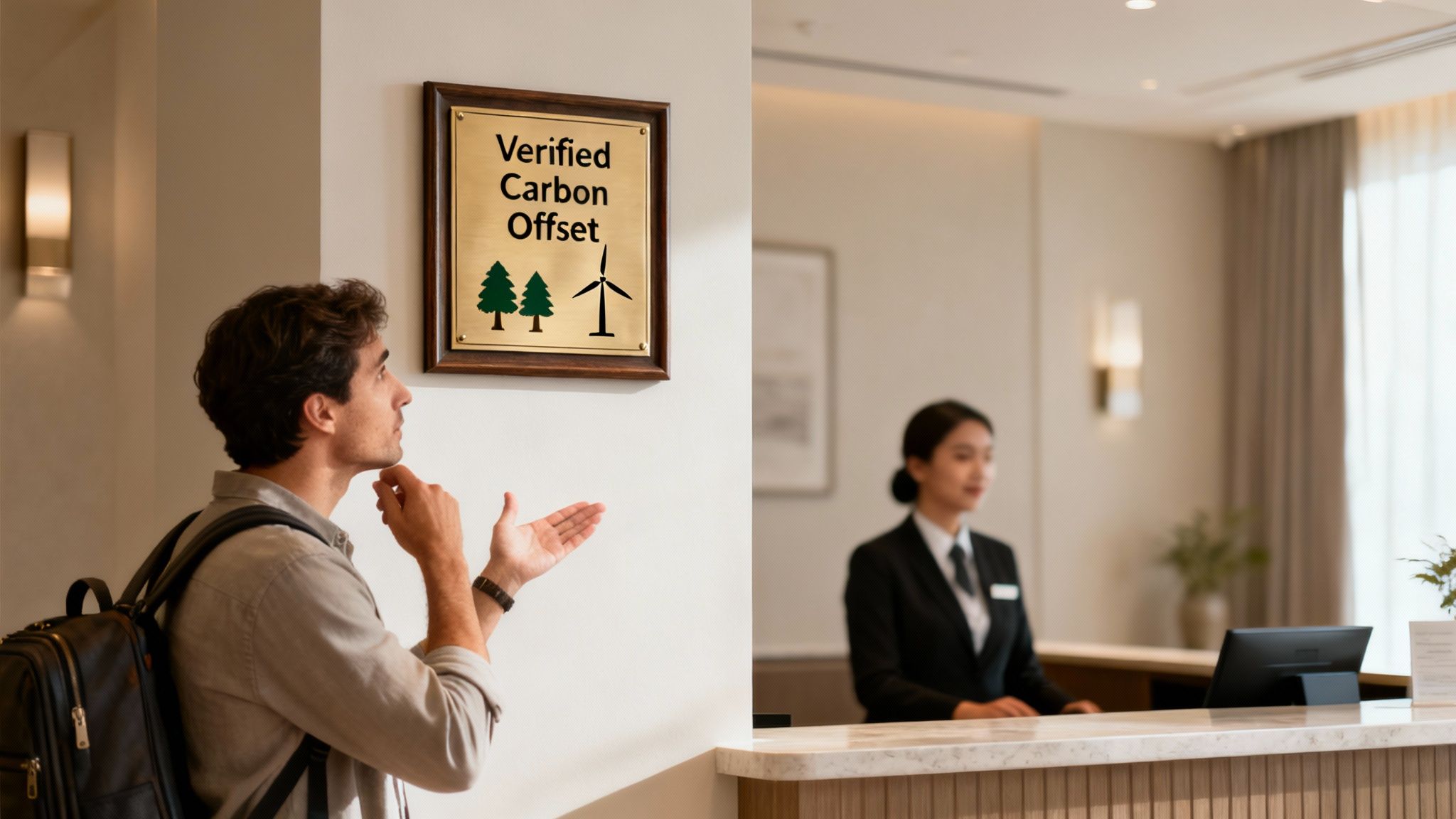A man reads a “Verified Carbon Offset” plaque in a hotel lobby, with trees and a wind turbine symbol reinforcing carbon-neutral travel commitments.