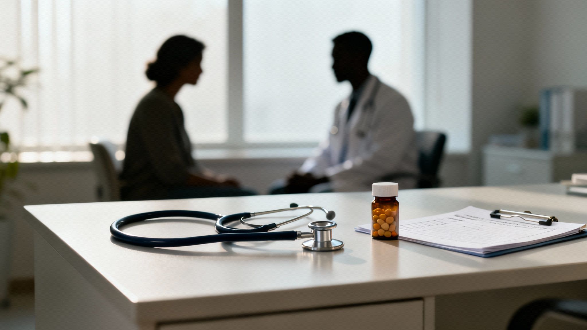 Prostavive reviews: blurred doctor and patient silhouettes during a medical consultation, with a stethoscope and pill bottle on the desk.