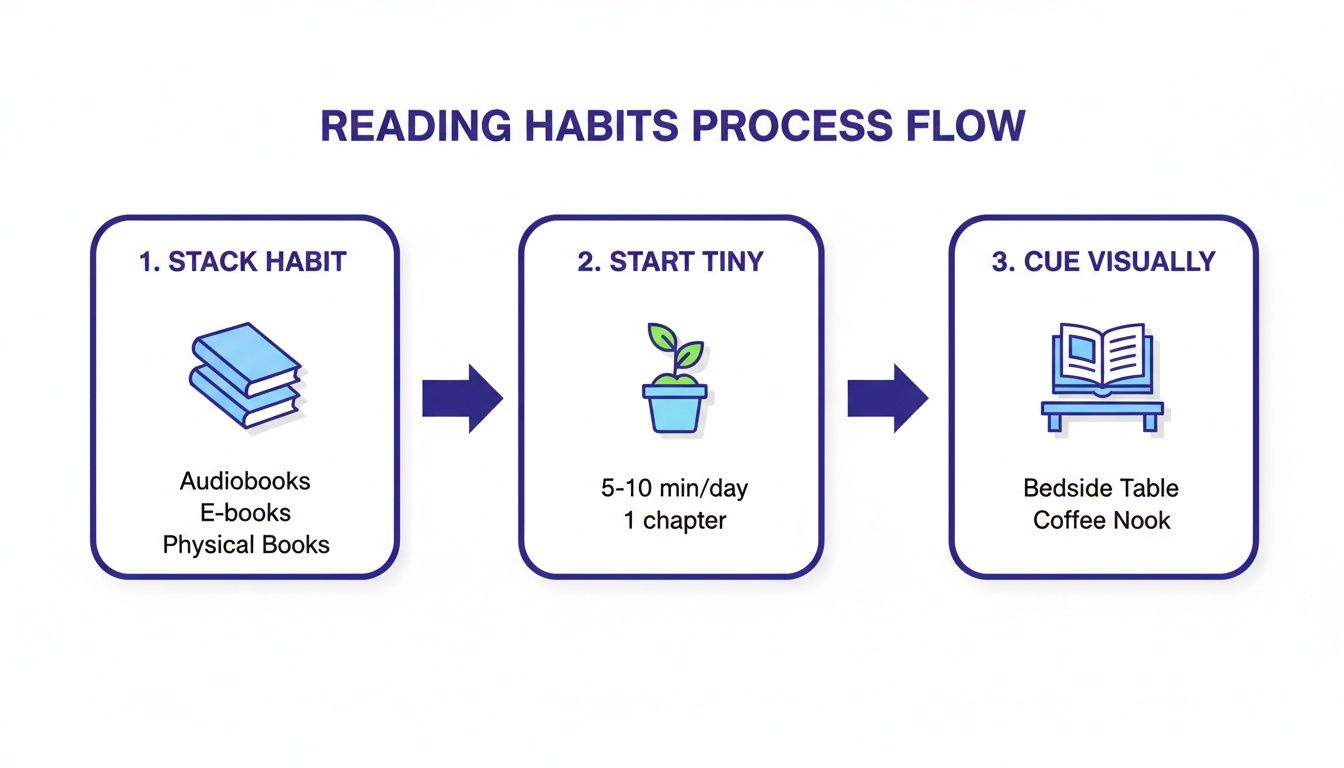 A diagram illustrating a 3-step process for building effective reading habits, including how to read more books by stacking habits, starting tiny, and using visual cues. This diagram provides tips on how to read more books.