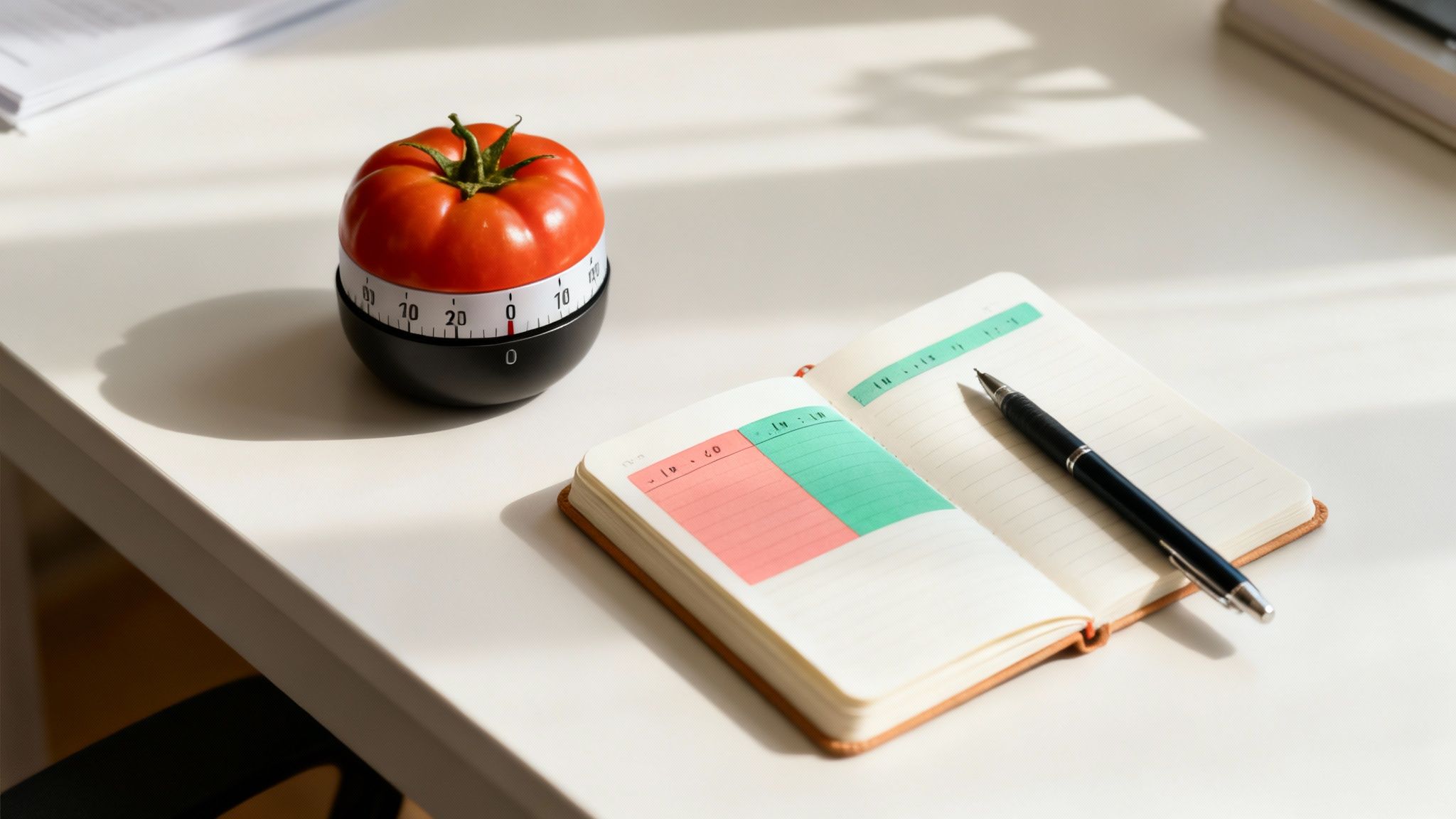 A tomato timer on a desk is a visual aid for remote work best practices like the Pomodoro method.
