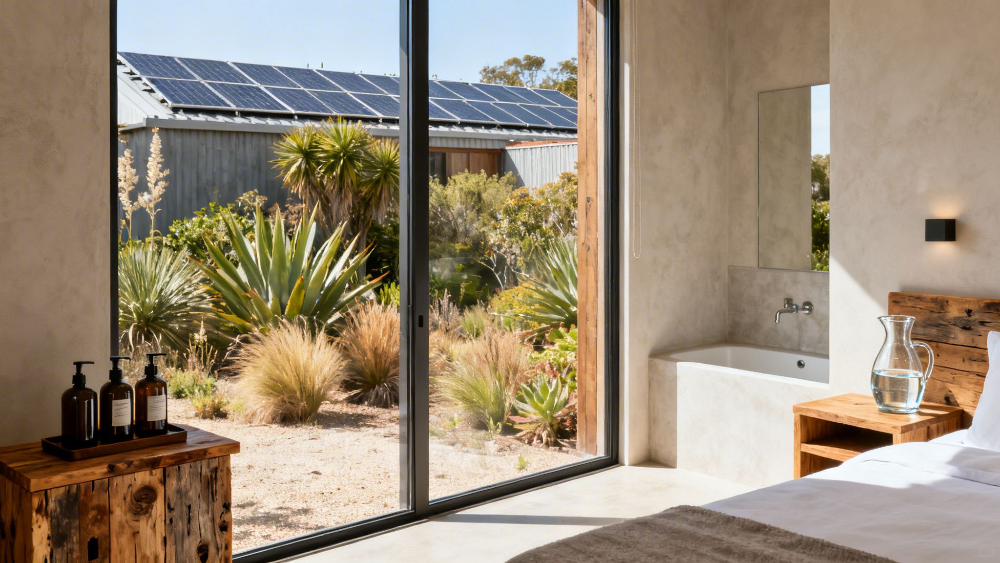 Eco friendly accommodations in a modern suite with a bed and bathtub, large window facing a garden, and solar panels visible outside.