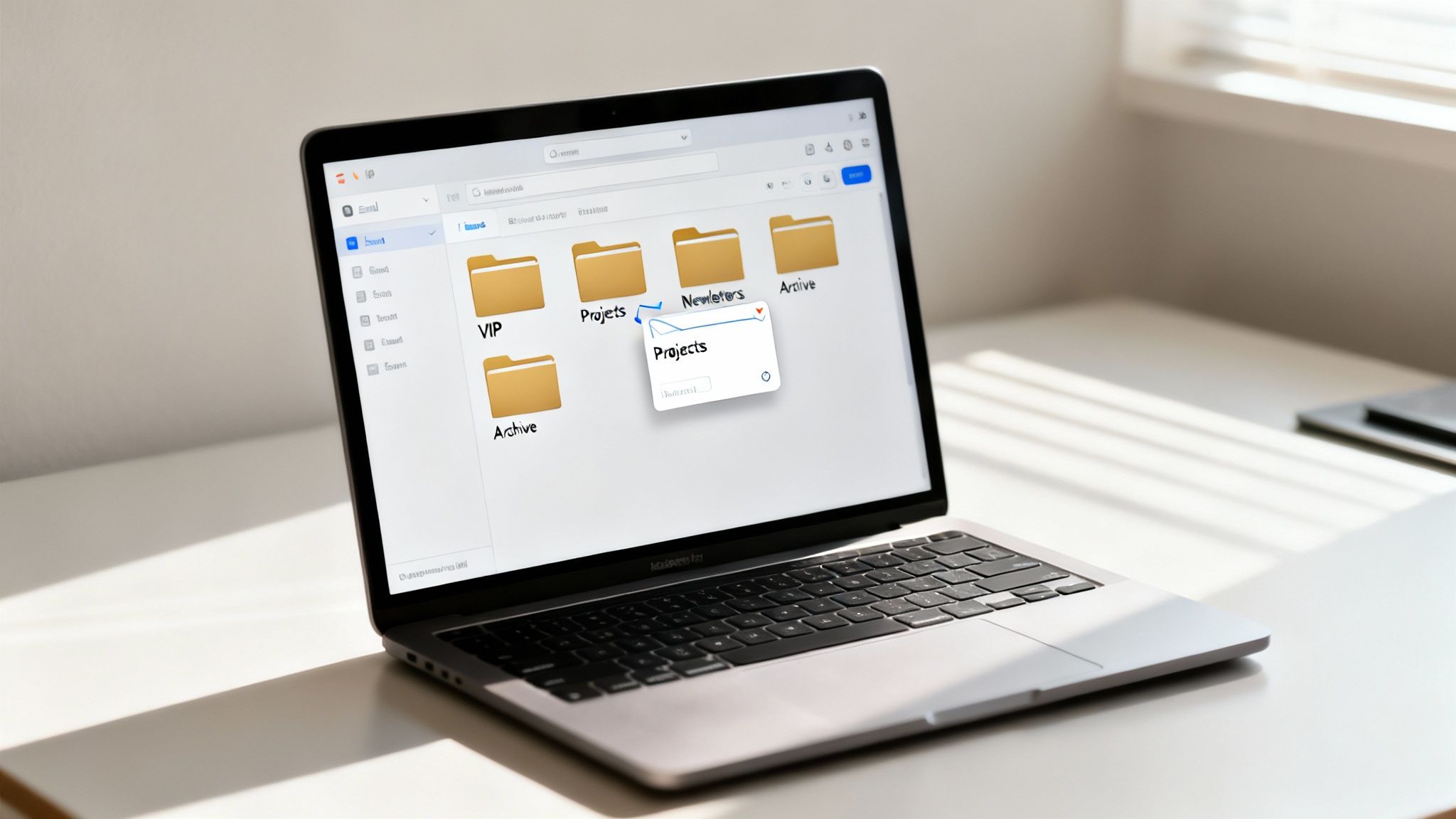 Alt text (with keyphrase): A laptop on a white desk showing a folder-based email filing system with a “Projects” pop-up for how to manage email overload.