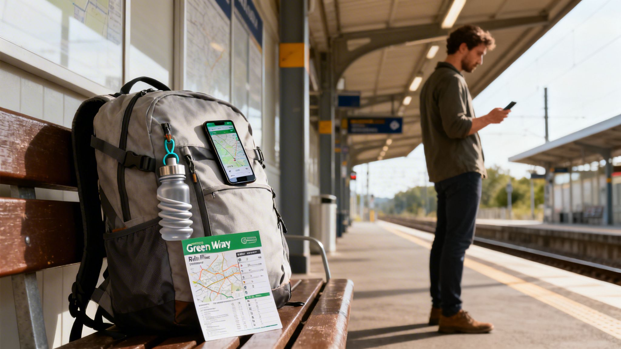What is a greenway shown by a traveler waiting on a station bench with a backpack, a phone map, and a “Green Way” paper map.