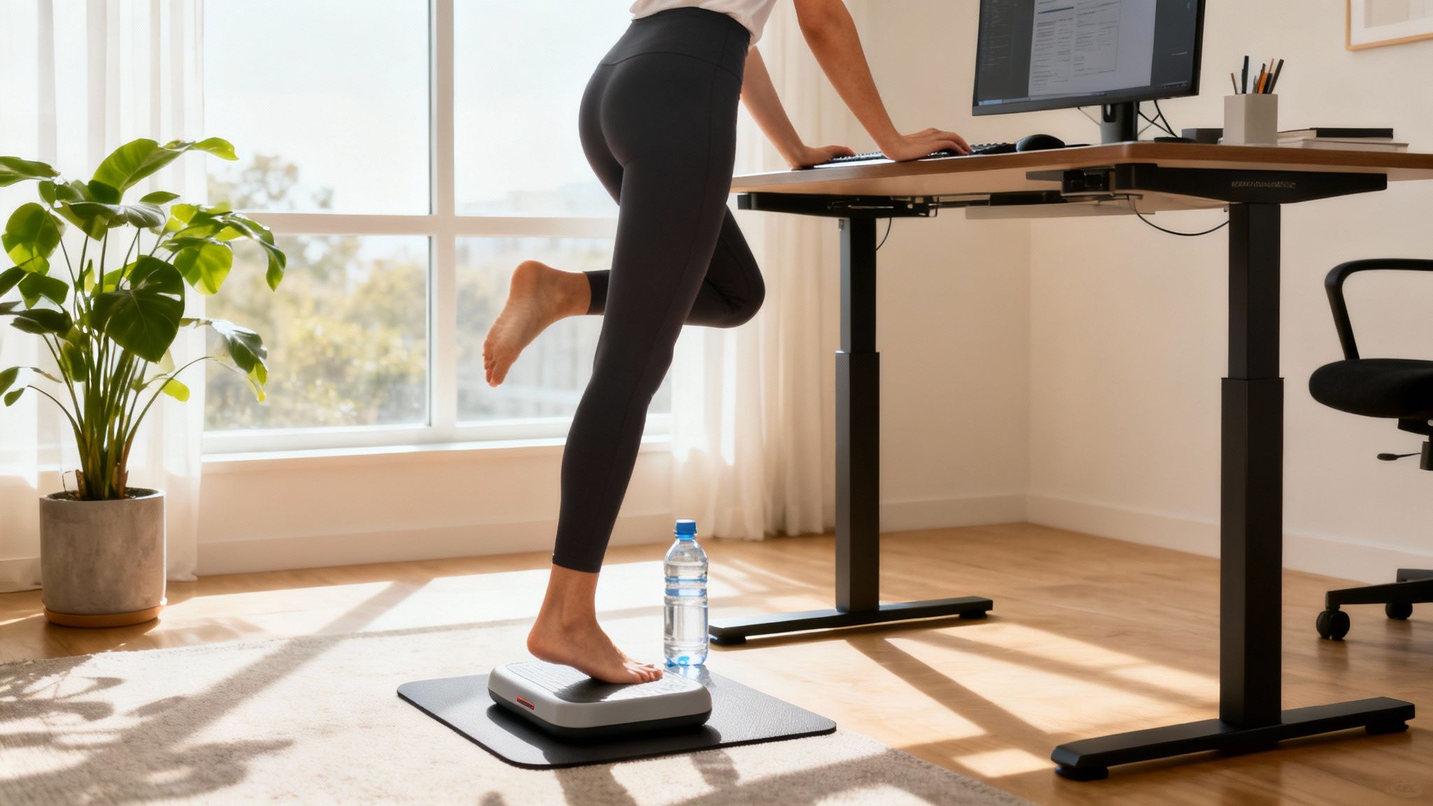 A person uses a balance board at a standing desk, actively working on a computer with a plant nearby, illustrating workplace stress management techniques in action.