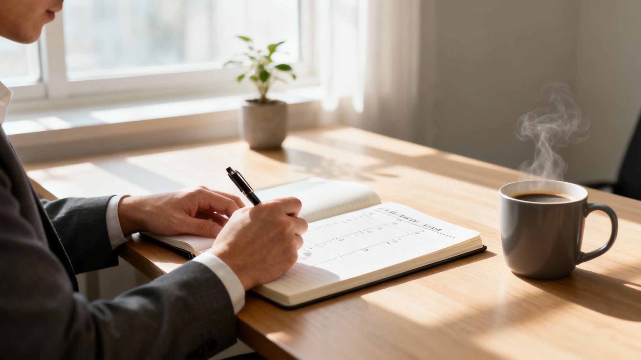 A person in a suit writes in a planner on a desk next to a steaming cup of coffee, demonstrating the use of journals for productivity.