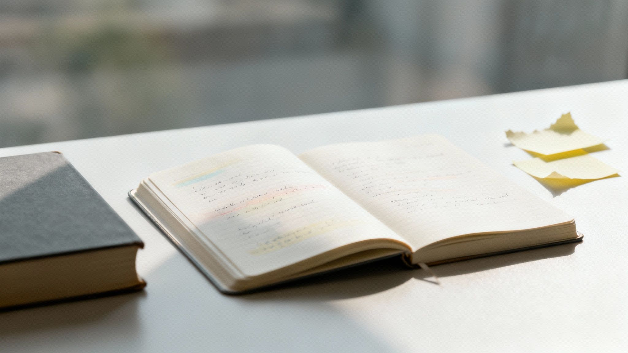 How to take notes for a book — an open notebook with handwritten notes and colorful highlights on a white desk beside a book and sticky notes.