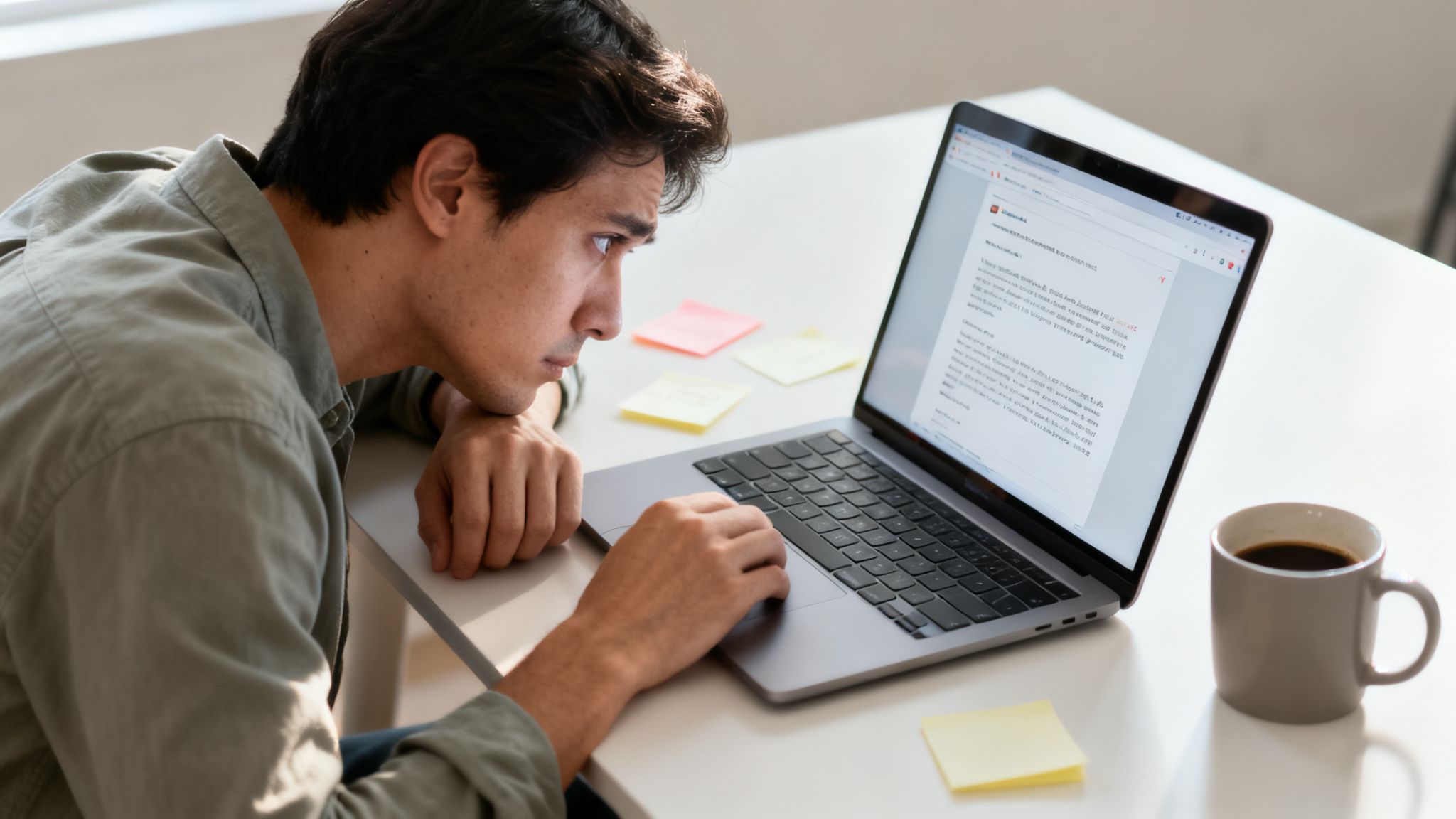 A young man leans very close to his laptop screen, an example of physical strain from the signs of mental fatigue.