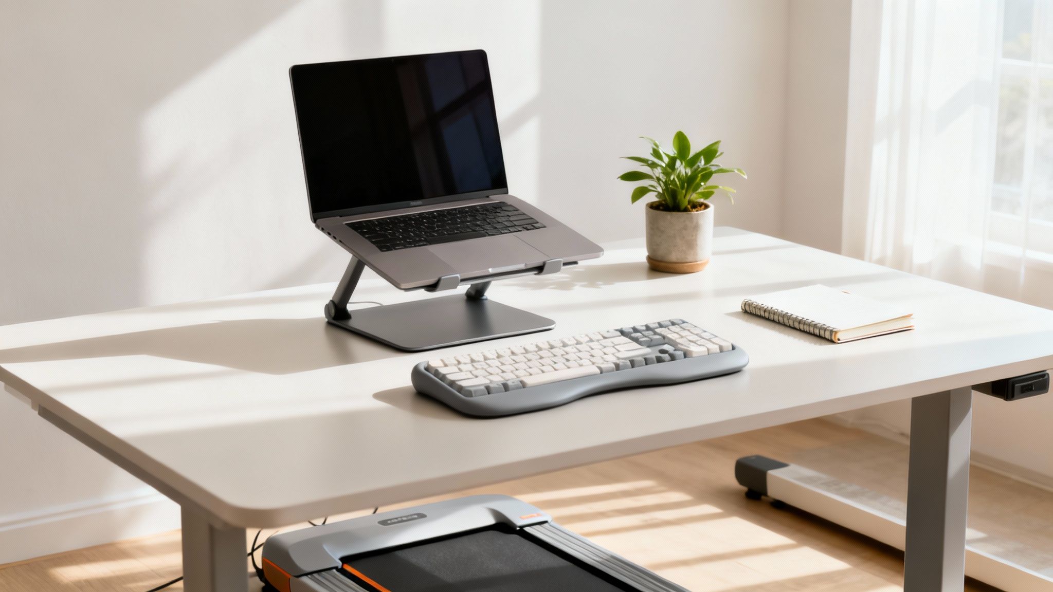 Ergonomic standing desk workspace with a laptop, keyboard, plant, and under-desk treadmill to support focus and productivity.