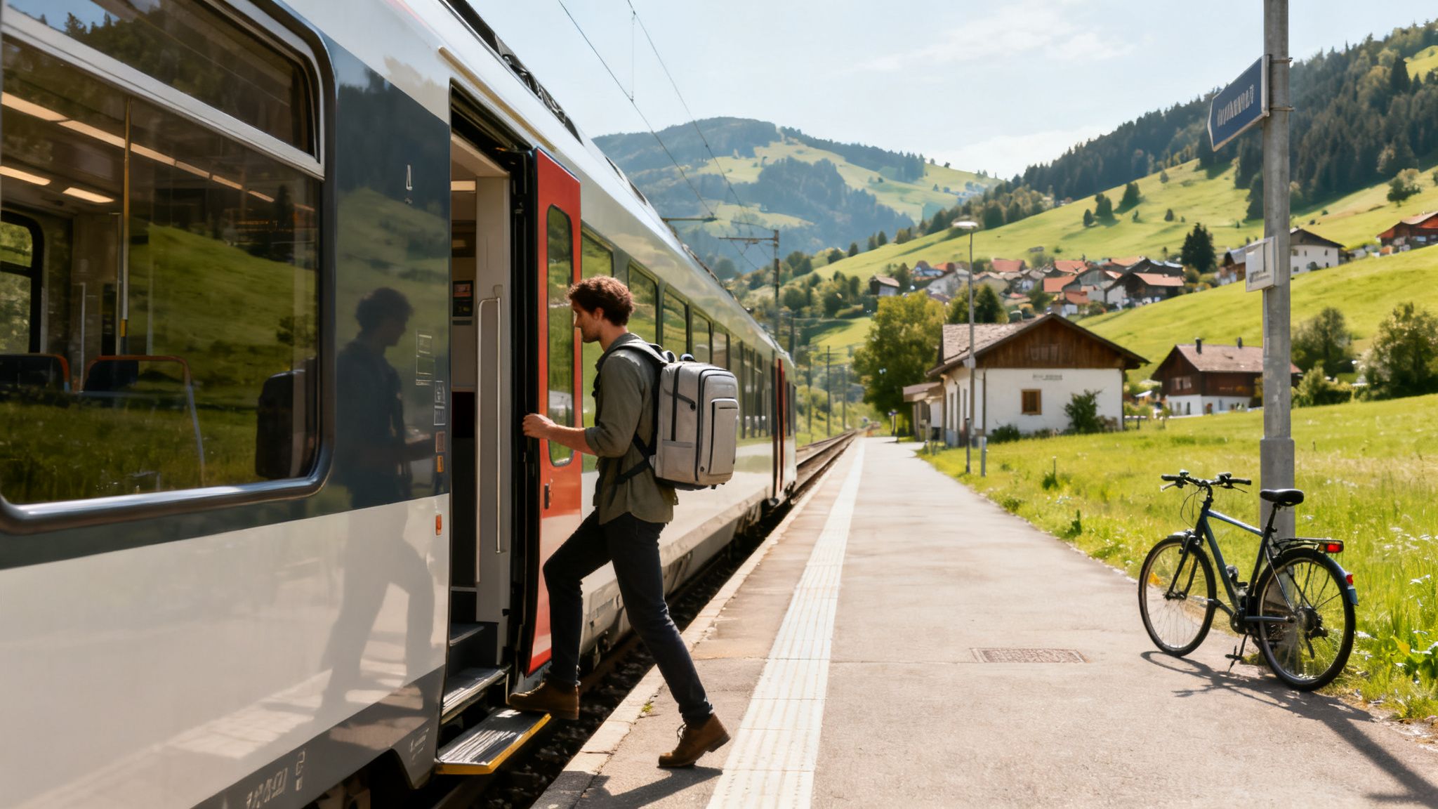 A man with a grey backpack steps onto a train at a rural station with green hills—best way to travel europe.