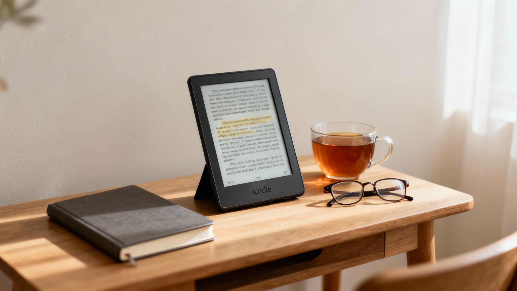 Amazon store books Kindle — A Kindle e-reader sits on a sunlit wooden table beside a cup of tea, reading glasses, and an open notebook for notes.