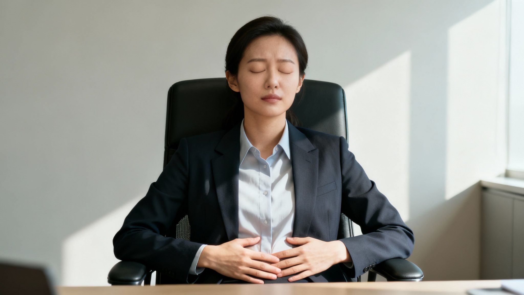 A businesswoman with eyes closed, hands on stomach, meditating or relaxing in an office chair, showing how to manage chronic stress in the moment.