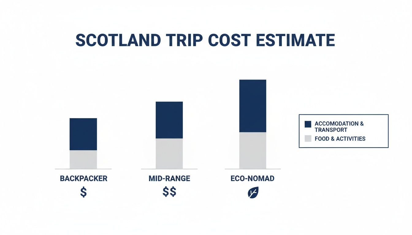 Stacked bar chart illustrating Scotland trip cost estimates for different travel styles.