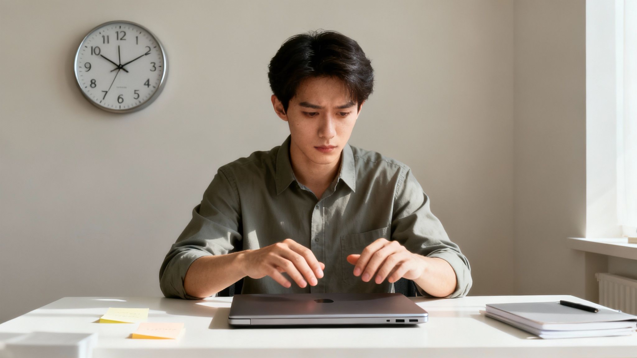 how to stop procrastinating: young Asian man sitting at a clean desk, looking intently at a closed laptop
