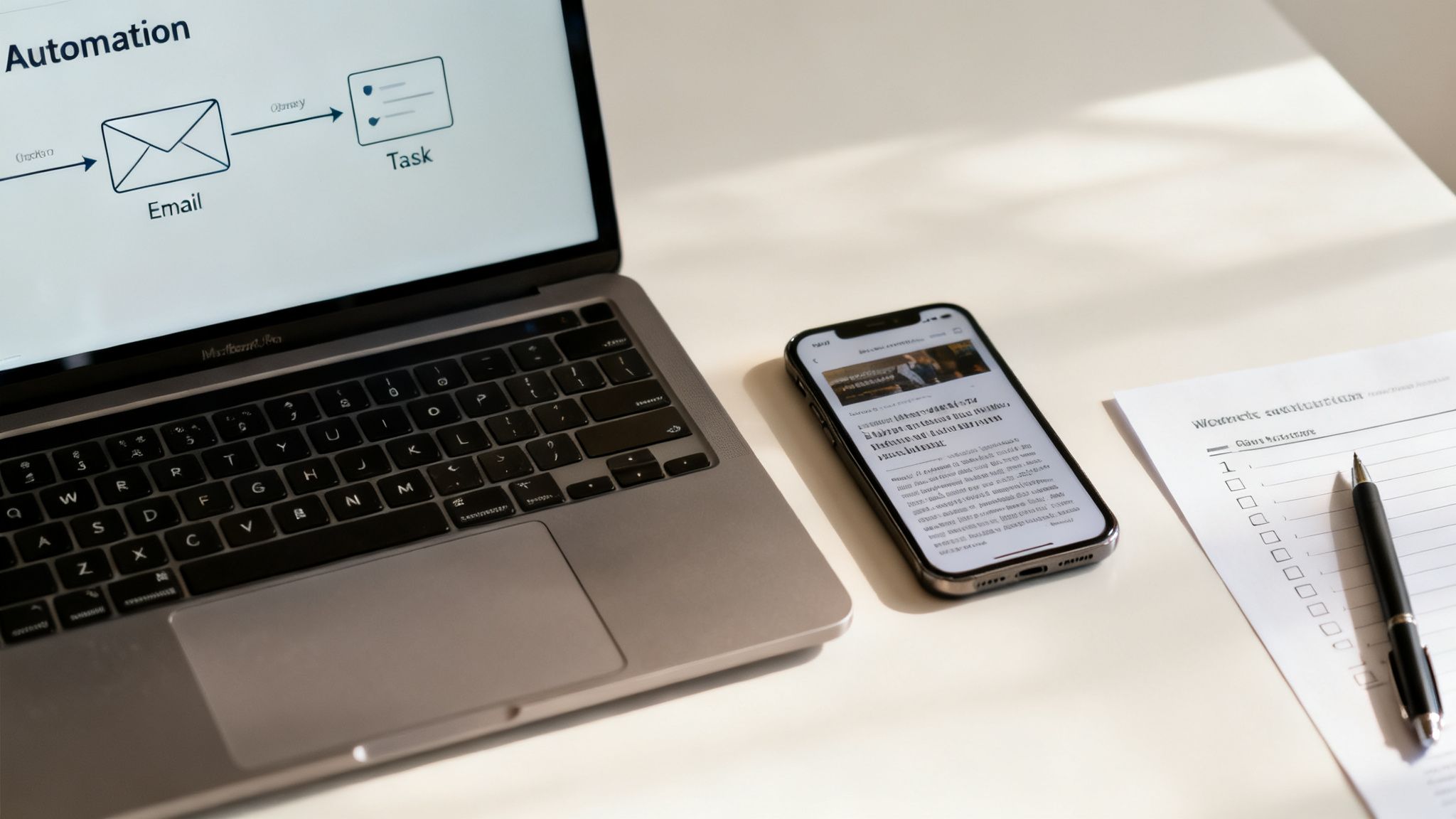 A modern workspace with a laptop displaying an automation workflow, a smartphone, and a checklist, a key part of a focus portal.