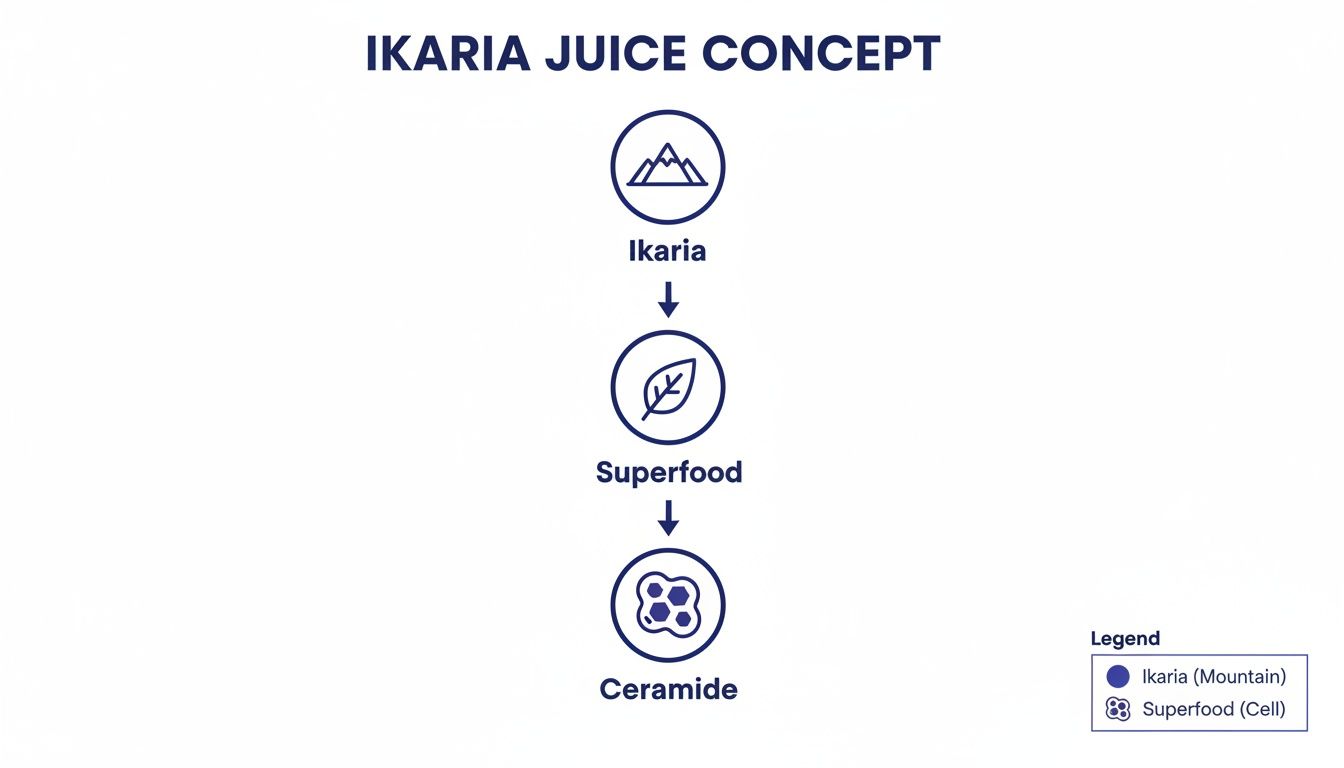 A diagram outlining the Ikaria Juice Concept, flowing from Ikaria to Superfood and then to Ceramide.