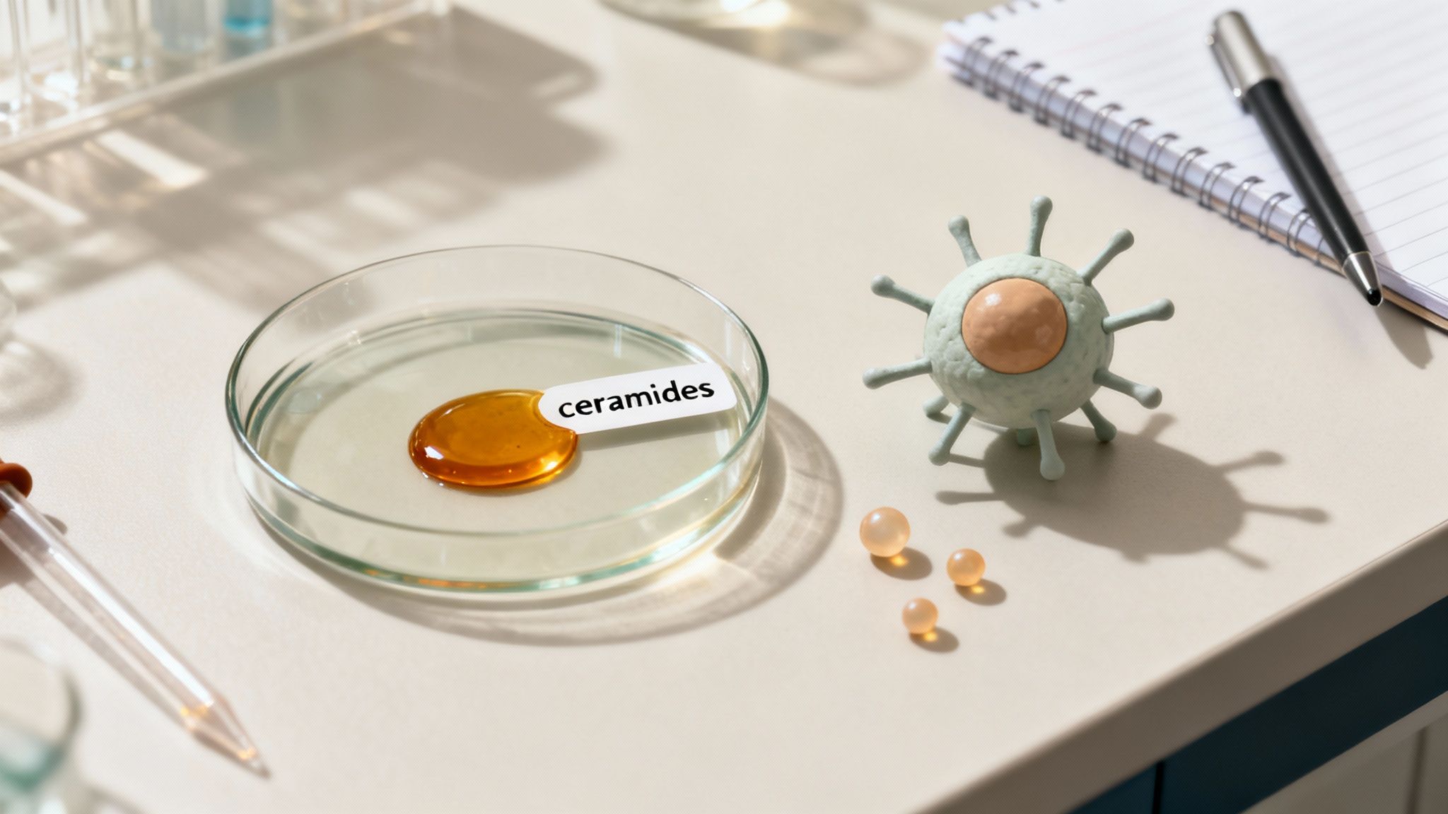 Ikaria Lean Belly Juice ingredients research — a petri dish with ceramides, a cell model, and laboratory equipment displayed on a bright research table.