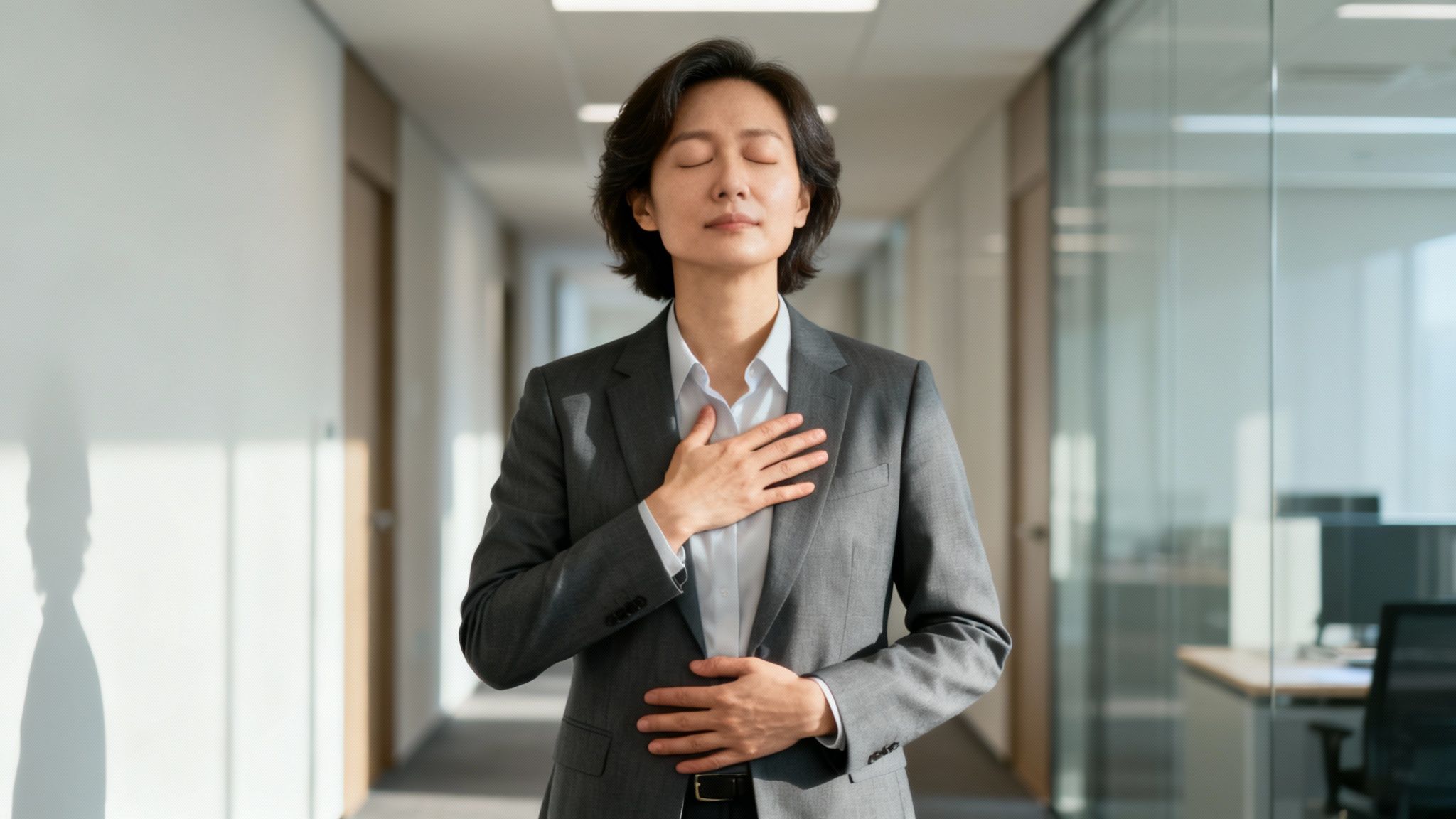 How to calm down: an Asian businesswoman in an office hallway with her eyes closed, practicing deep breathing and mindfulness to reset her stress.