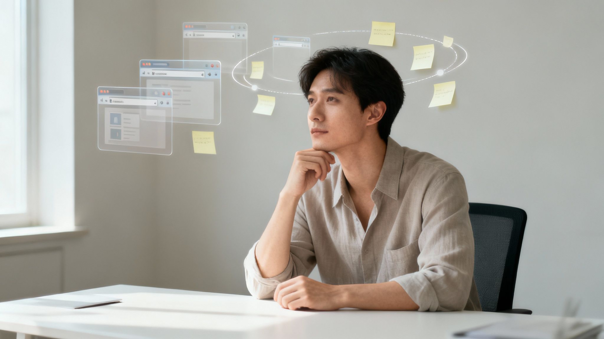 How to organize your thoughts as a man in a beige shirt reflects on ideas, surrounded by holographic browser windows and digital sticky notes.