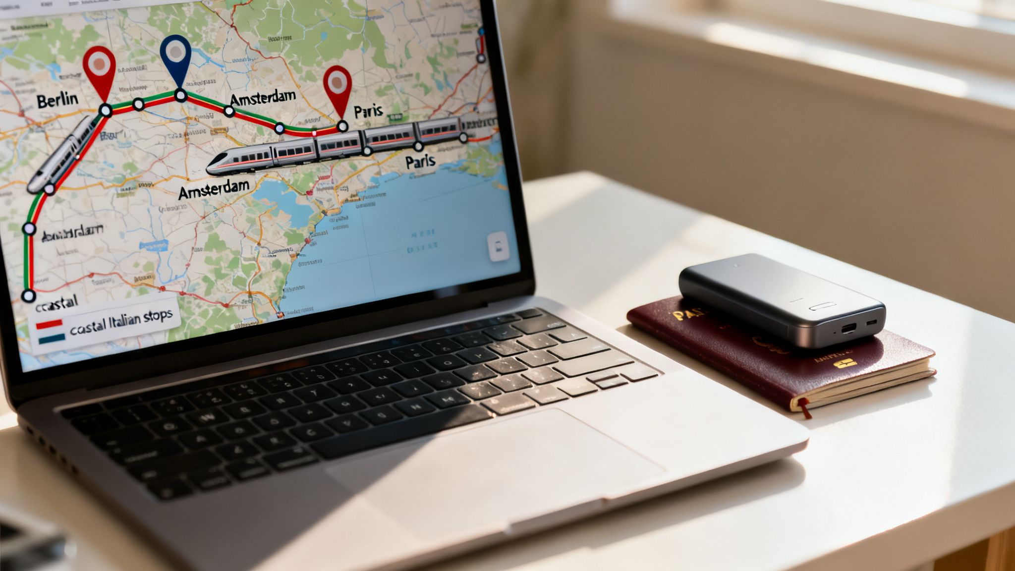Laptop displaying a European rail route map with Berlin, Amsterdam, and Paris stops beside a passport and power bank, for a rail journey planner Europe setup.