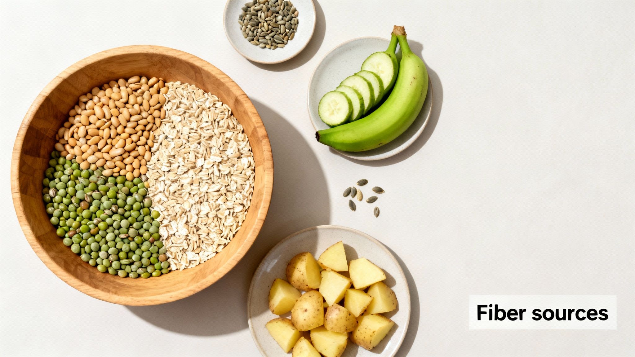 Sodium butyrate benefits shown with an overhead shot of fiber-rich foods including oats, legumes, pumpkin seeds, green banana, cucumber, and potatoes.