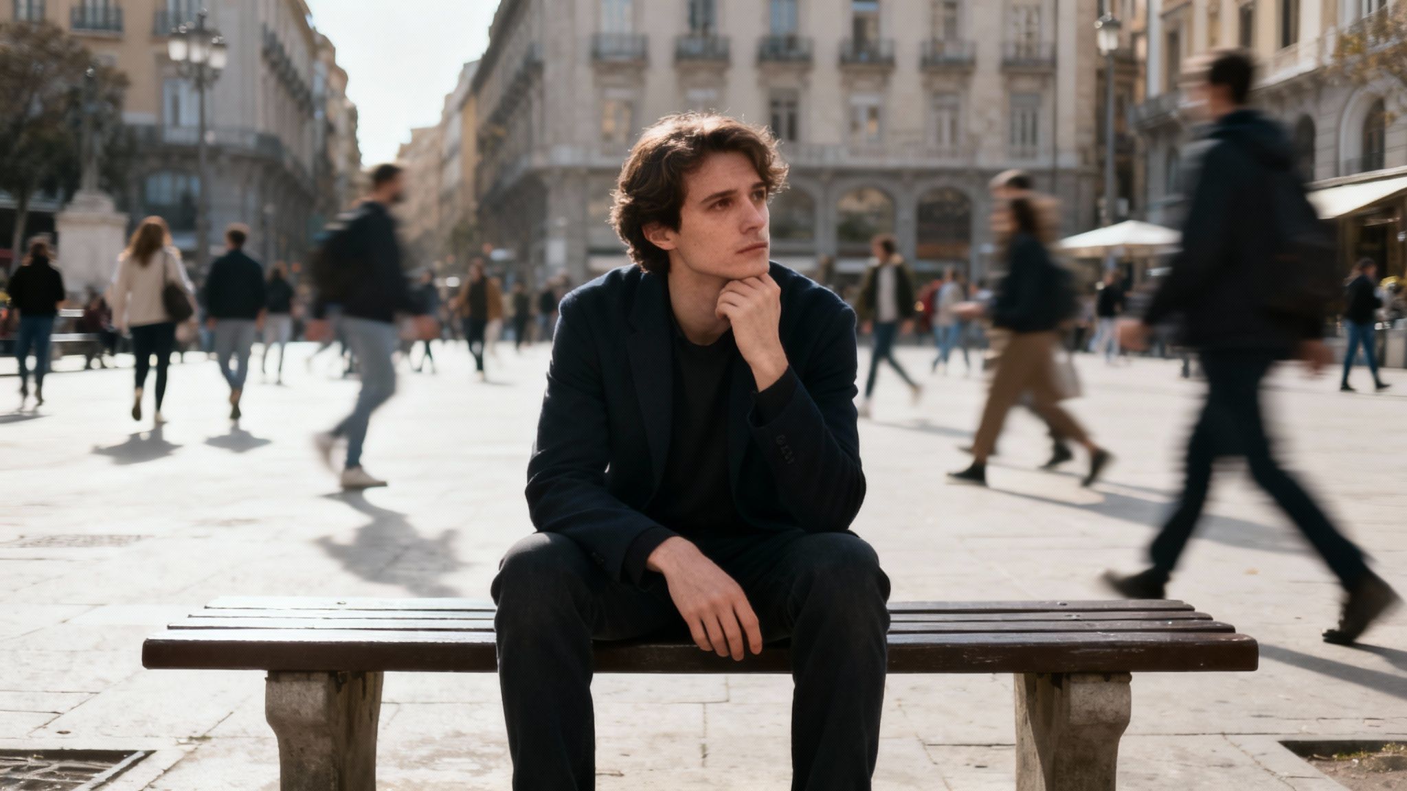 A thoughtful young man sits alone on a bench in a bustling city square, reflecting how to deal with loneliness even in a crowded world.