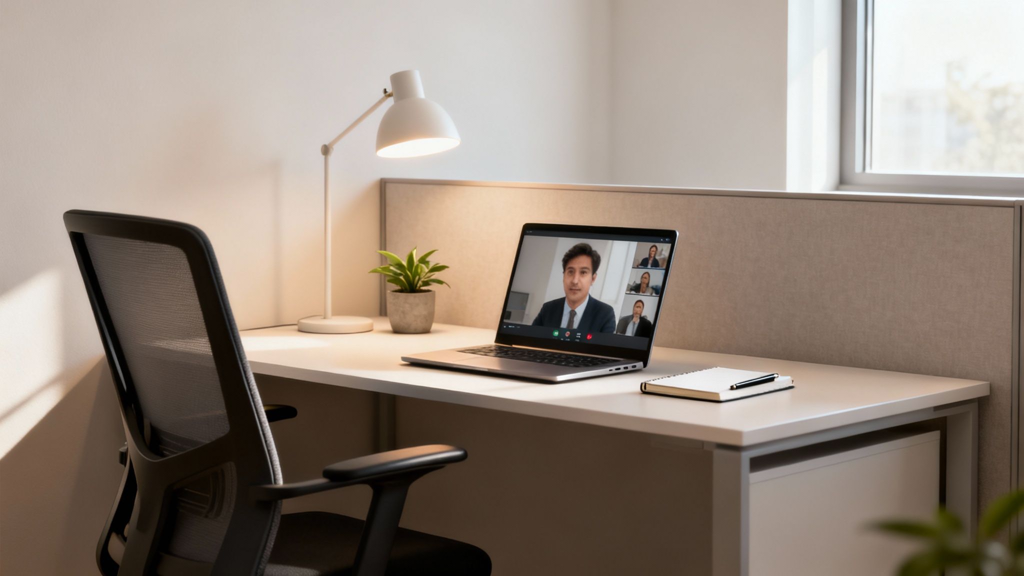 Remote work productivity tips: modern workspace with laptop on video call, desk lamp, plant, and ergonomic chair.