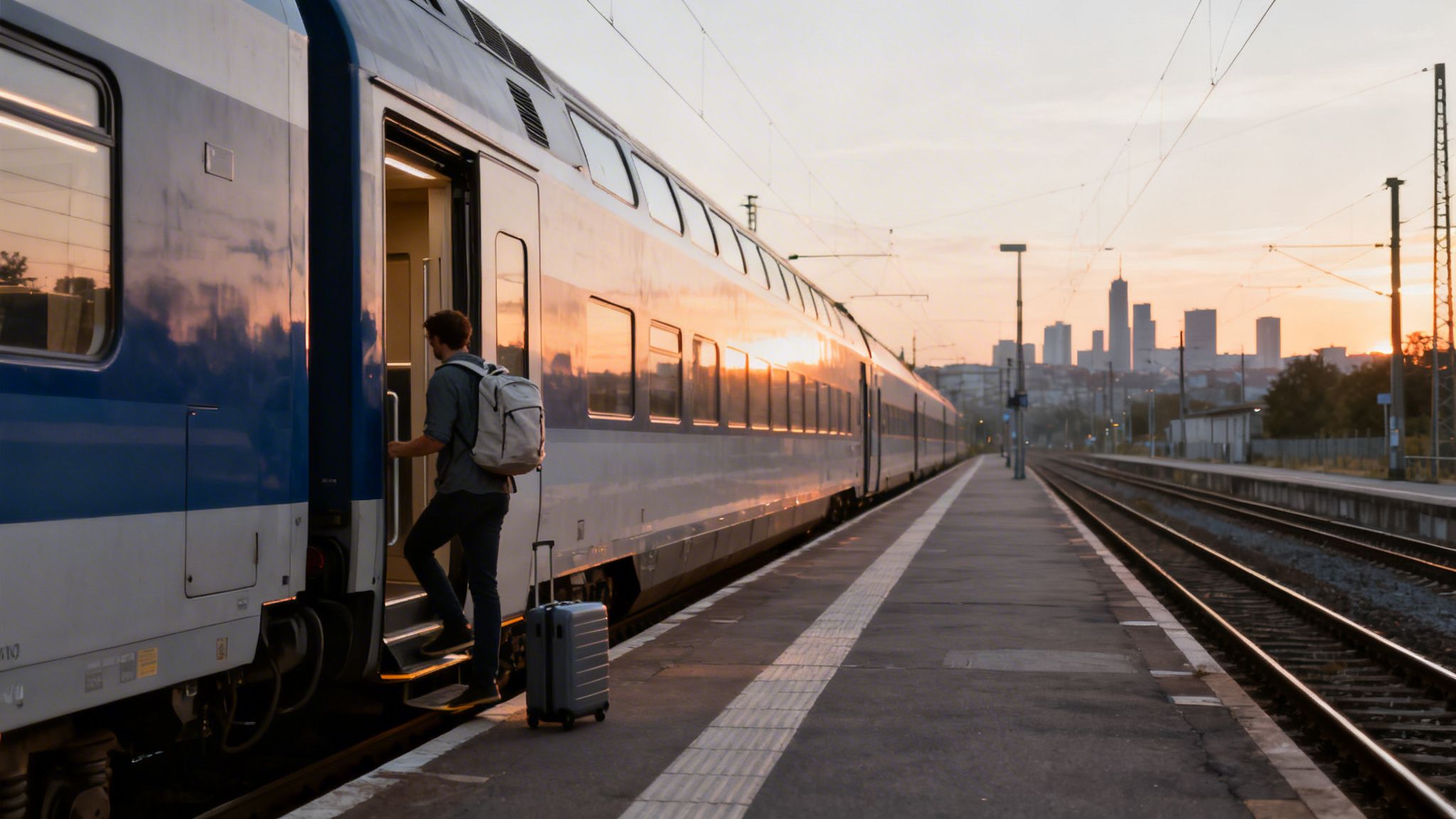 Croatia is Europe travel moment showing a man with a backpack and suitcase boarding a train at sunset with a city skyline in the background.