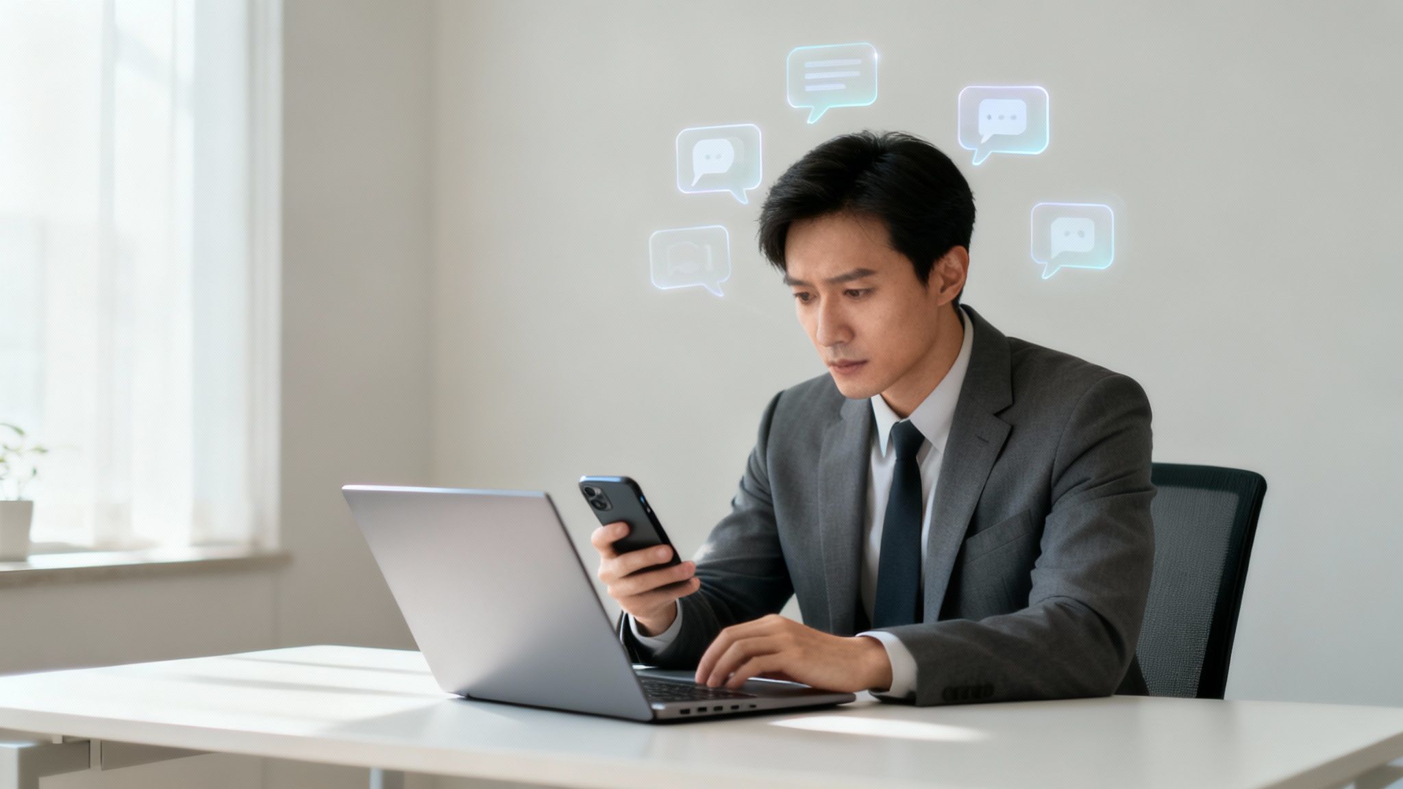 A focused businessman in a suit uses a smartphone and laptop, surrounded by glowing chat icons, demonstrating the need for clarity mental health.
