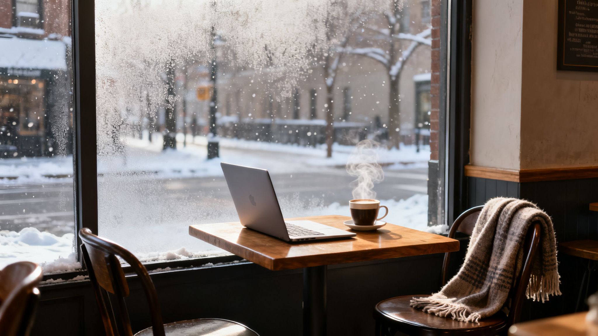 A cozy cafe scene with a laptop, steaming coffee, and blanket by a frosty window overlooking a snowy street, which is one of the best ways to spend the best time to travel to new york in the winter.