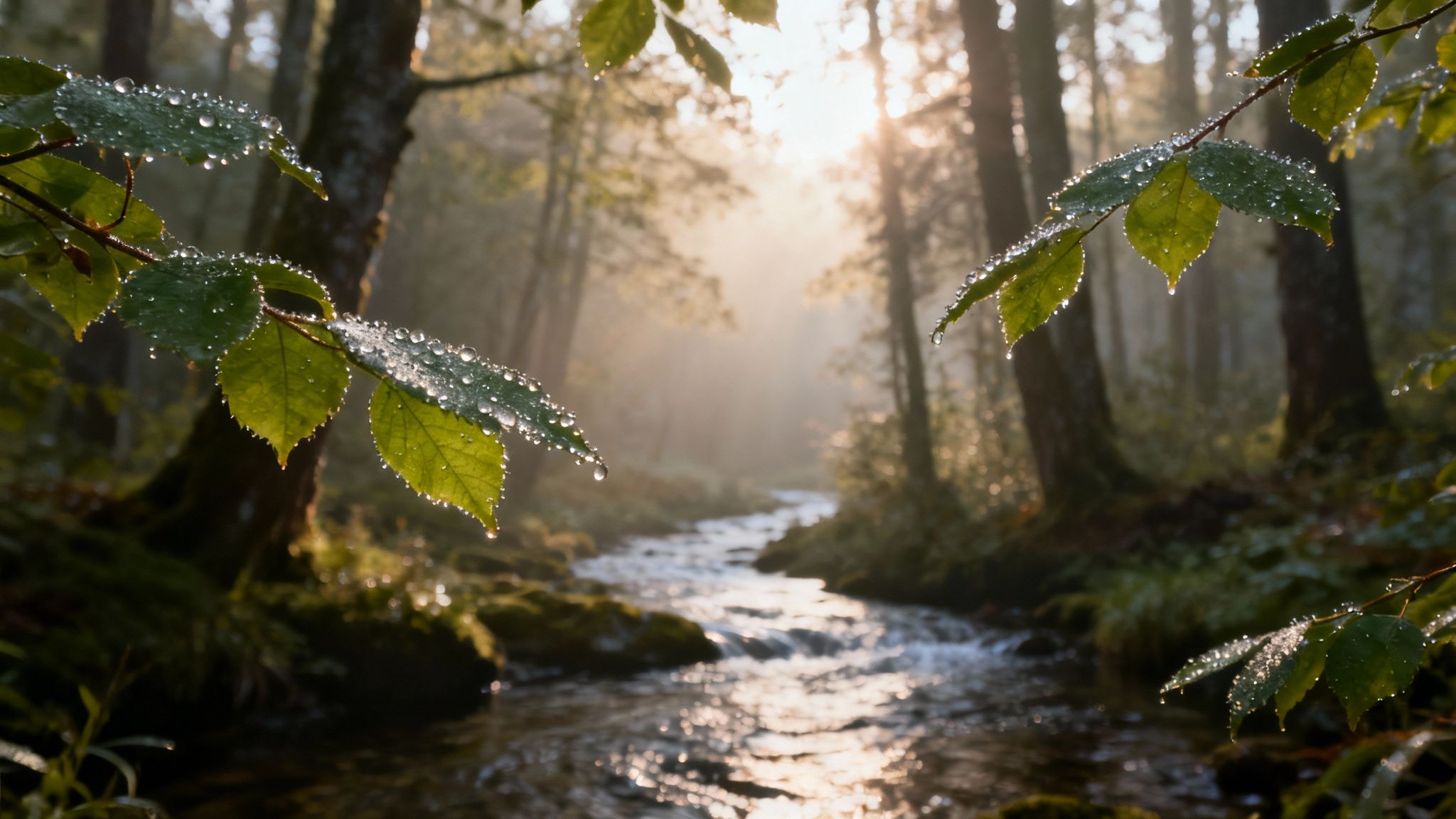 Close-up of dewdrops on green leaves in a sunlit, misty forest with a flowing stream.