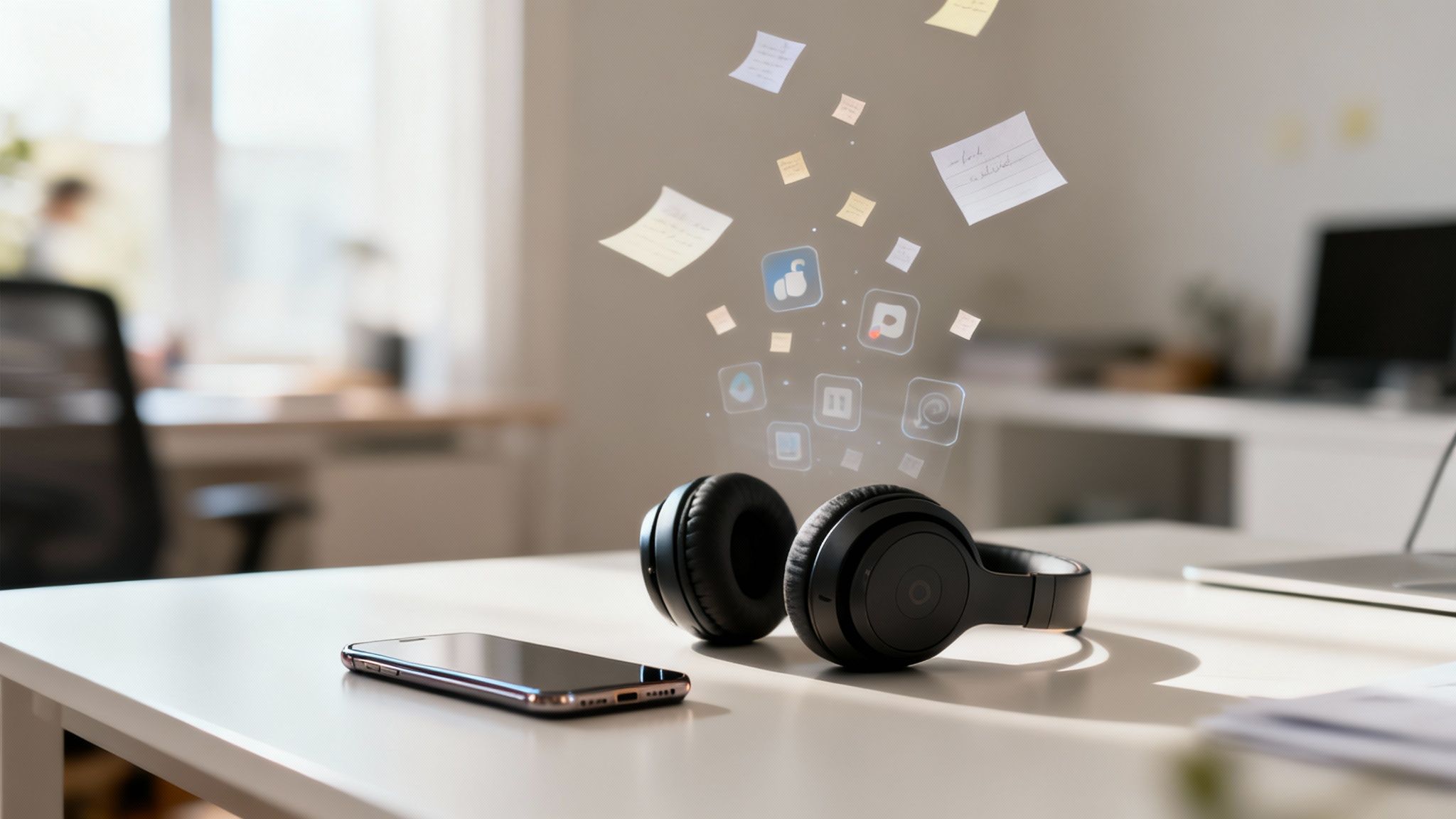 Black over-ear headphones beside a smartphone on a white desk, with floating focus-related digital notes and app icons hovering above the workspace.