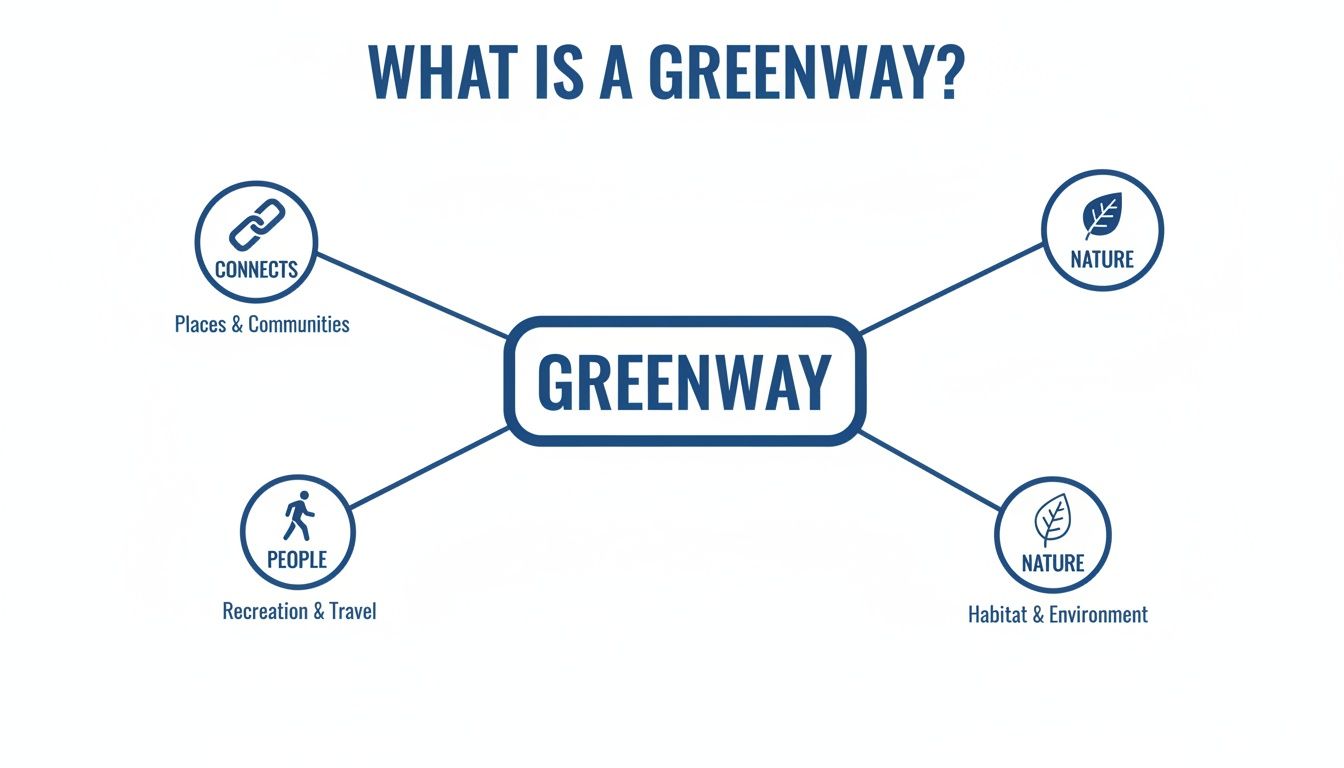 Diagram illustrating what a greenway is, connecting places, communities, people, recreation, and nature.