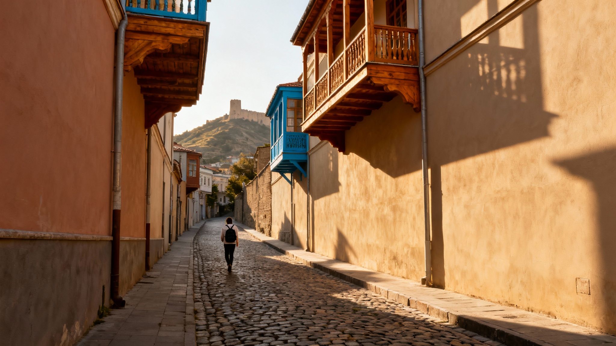 A person walks on a cobblestone street lined with traditional buildings and wooden balconies towards a distant castle in one of the cheapest countries in Europe to visit.