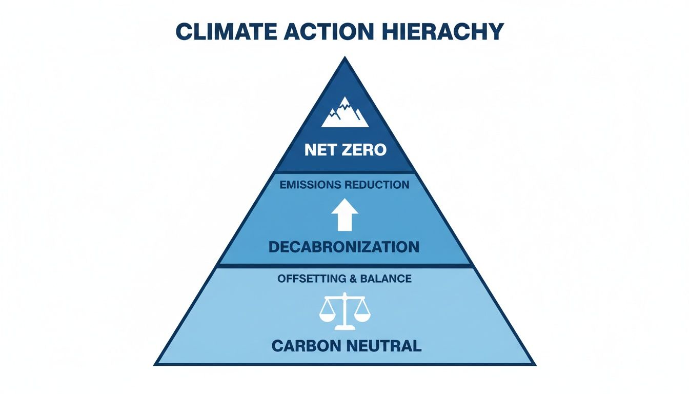 A pyramid diagram illustrating the Climate Action Hierarchy, from Carbon Neutral to Net Zero.