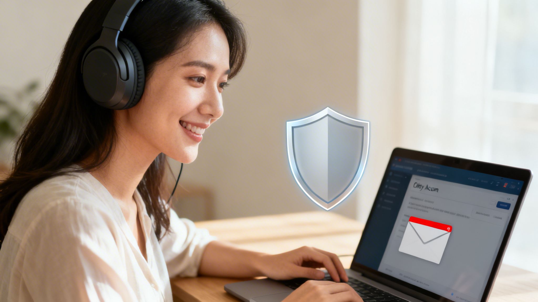A smiling woman with headphones uses a laptop, featuring an email notification and a security shield.