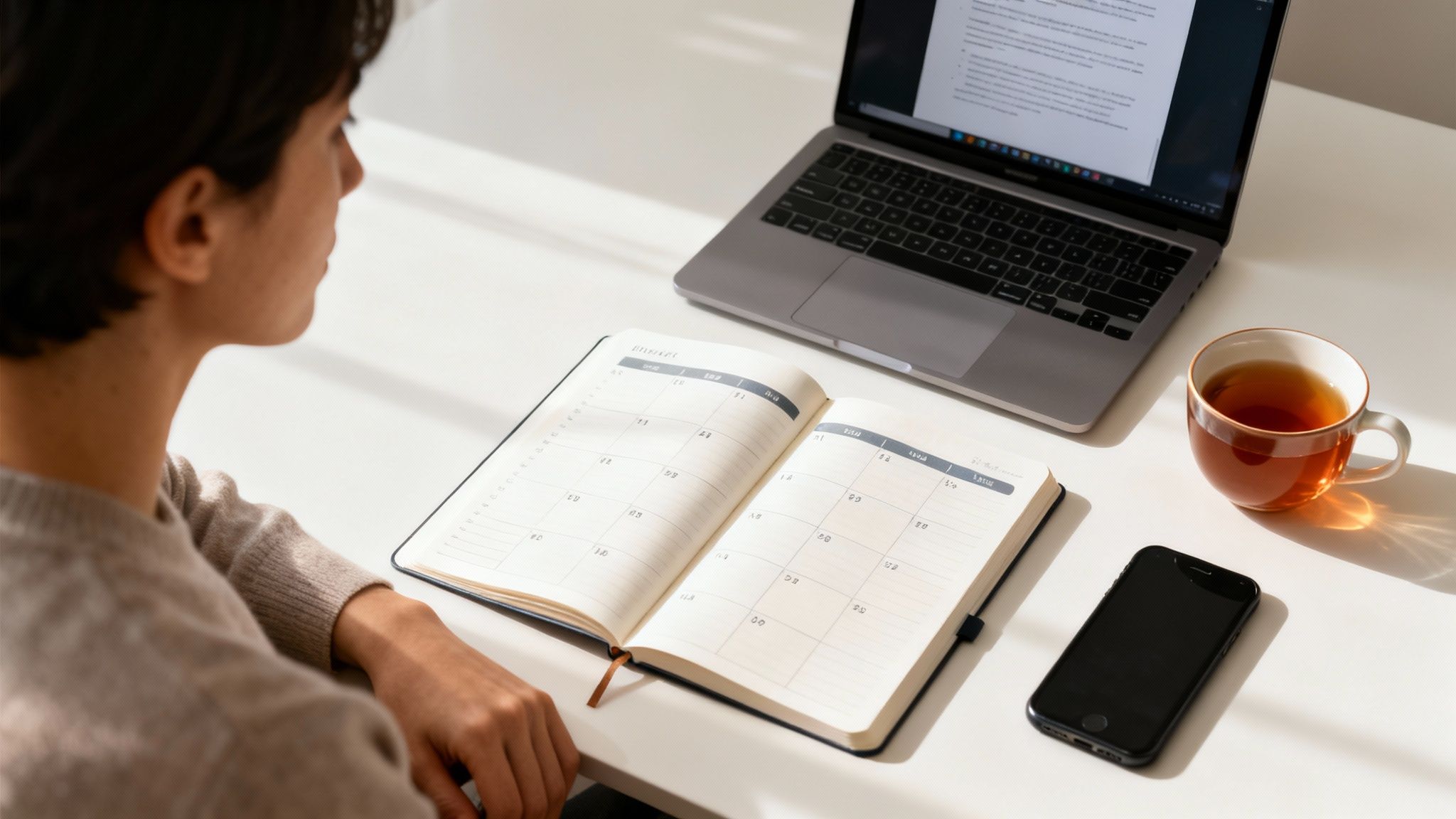 What is cognitive overload alt text: A person looks at an open planner on a white desk with a laptop, tea, and phone, illustrating what is cognitive overload in a busy digital workday.