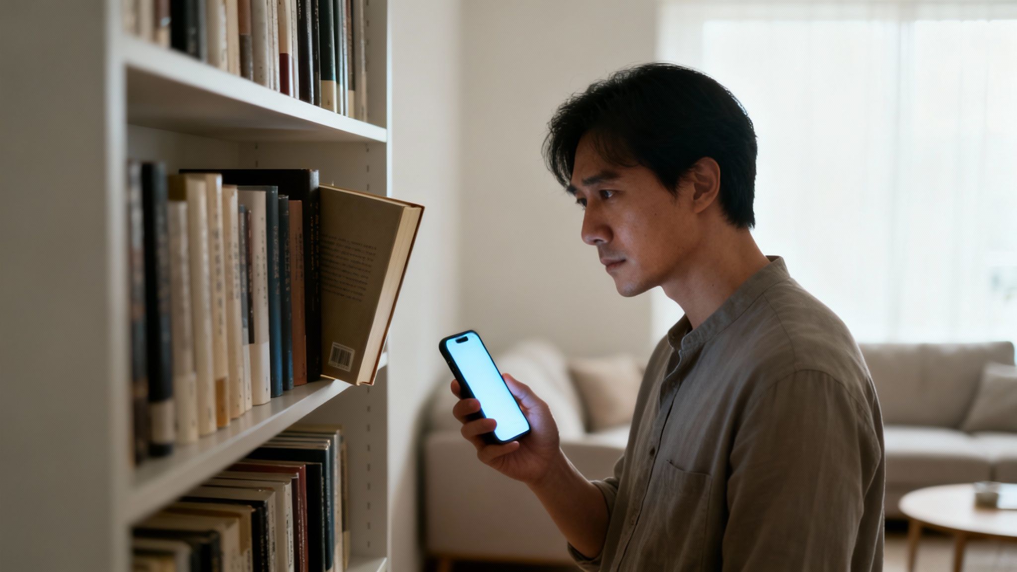 A man uses his smartphone to scan books on a bookshelf in a bright, modern living room. This illustrates a modern challenge to the goal of how to read more books.