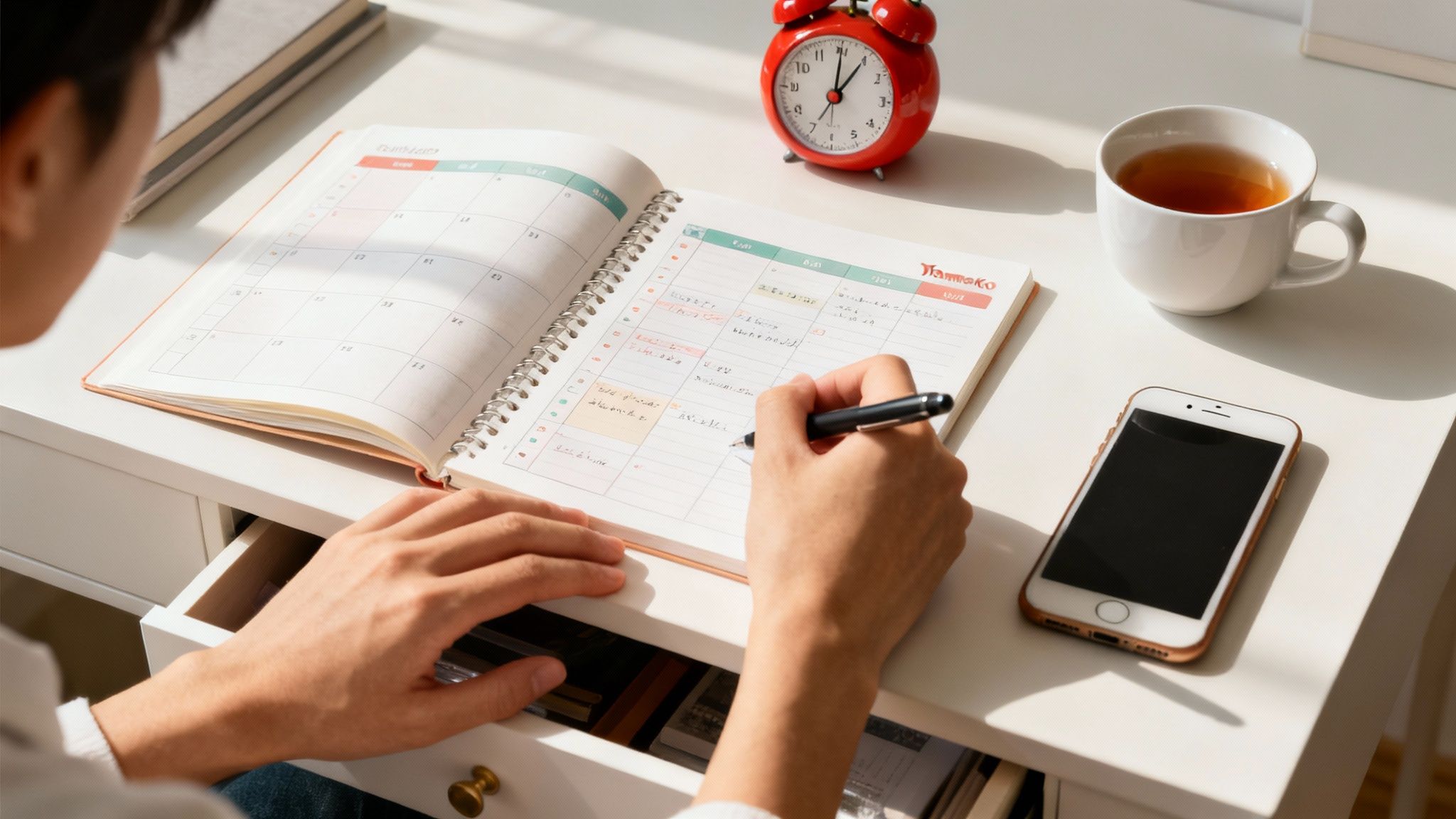 A person writing in a planner on a white desk with tea, a phone, and an alarm clock—tools for improving focus and concentration.