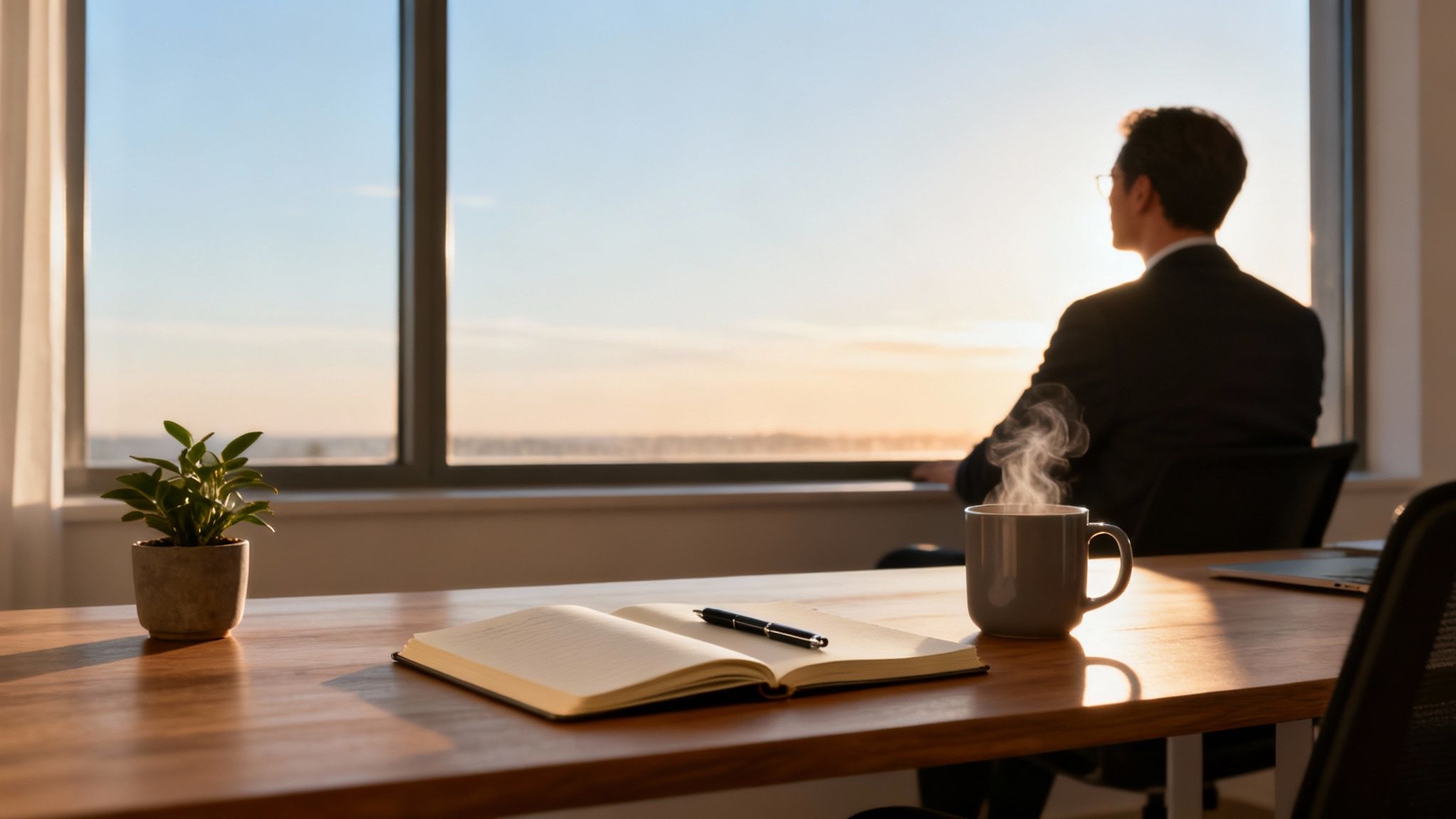 Businessman in a suit sits at a desk, looking out a window at sunset, with a hot coffee and notebook, demonstrating a state of mental clarity.