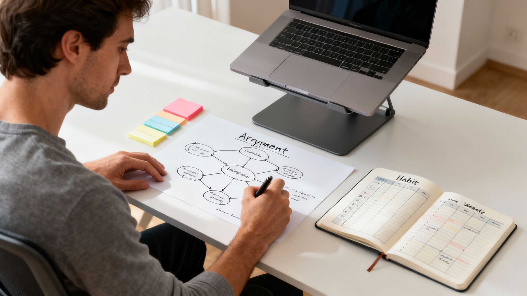 A man actively drawing a mind map about an argument on paper, with a laptop and planner on a desk, creating a hands‑on workspace aimed at improving critical thinking skills.