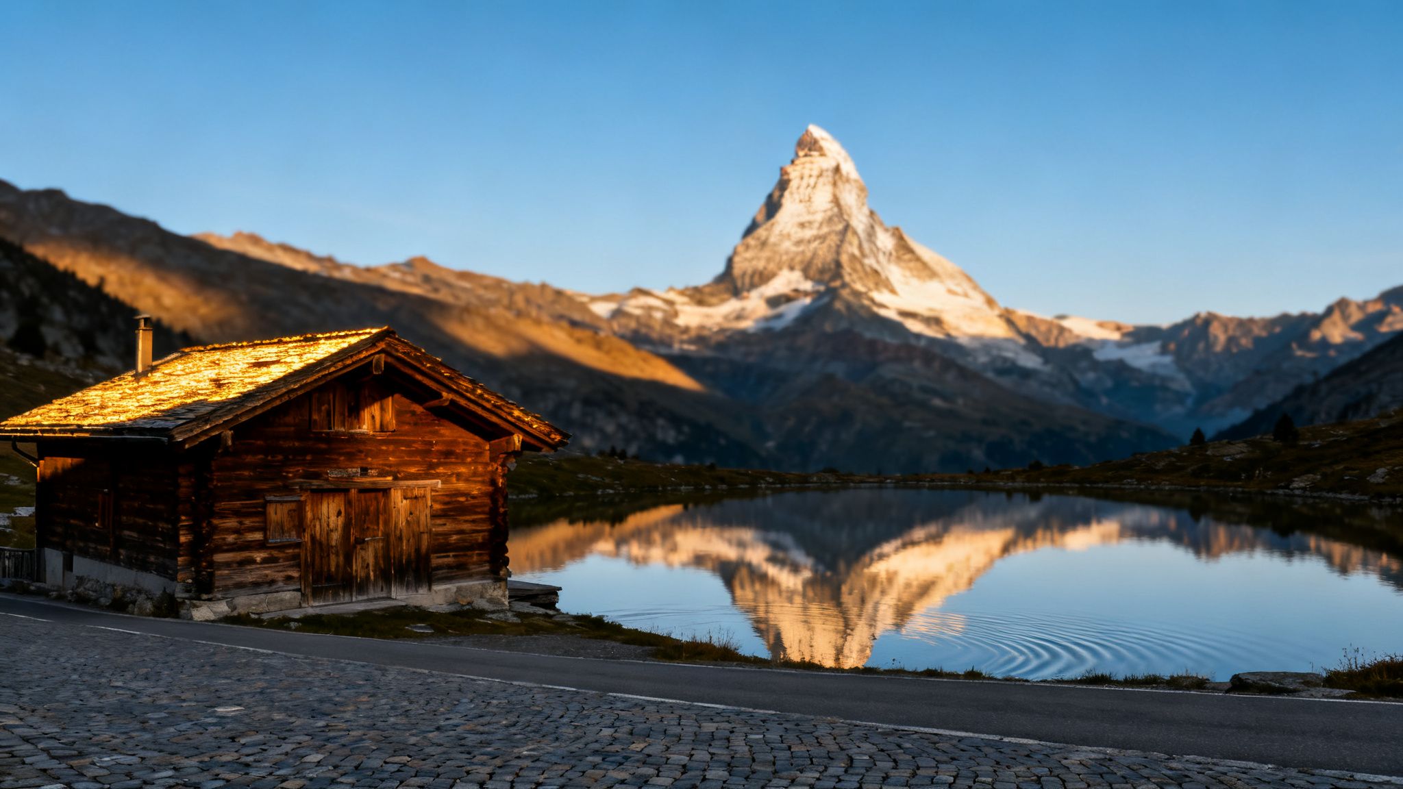 The Matterhorn mountain reflected in a serene lake next to a rustic wooden cabin, one of the best places to visit in Switzerland.