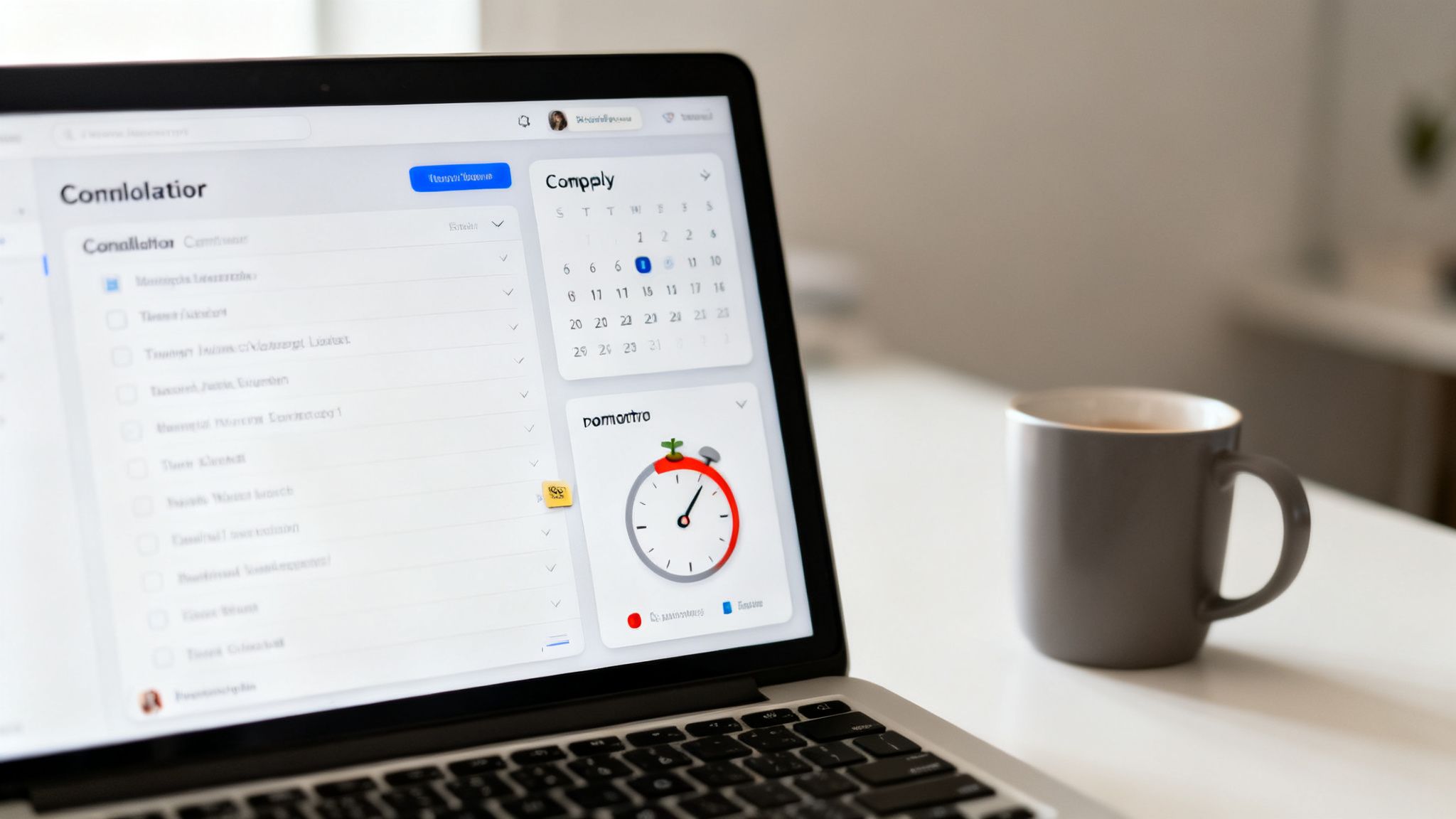 A laptop displaying productivity apps like a to-do list, calendar, and Pomodoro timer, creating a focus portal.