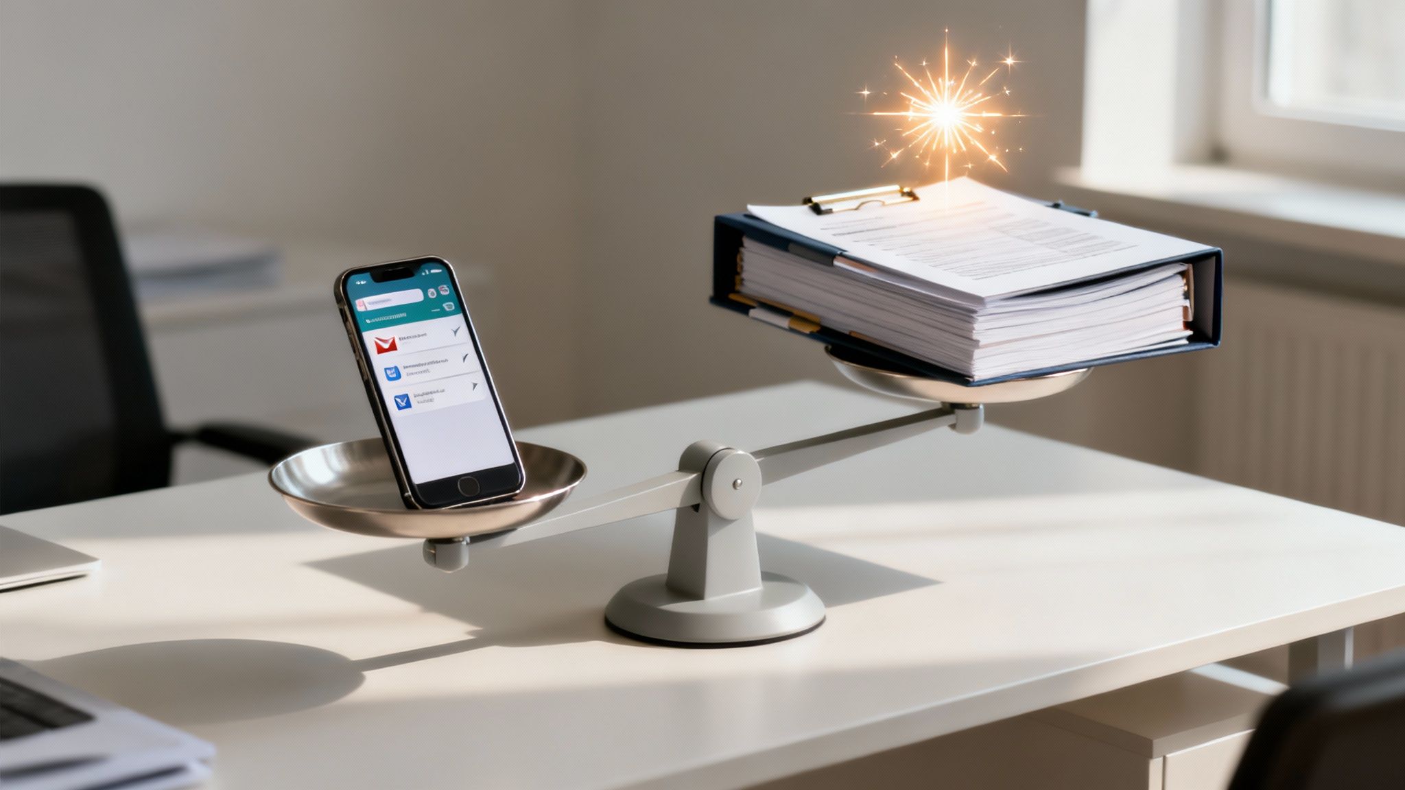 A balance scale weighing a smartphone against a stack of documents, a great image for illustrating dopamine and motivation.