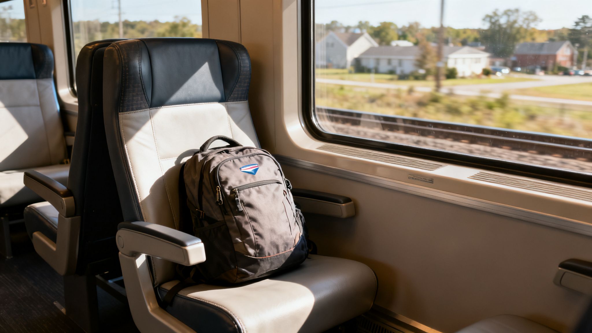 A gray backpack with an Amtrak logo rests on a train seat by a sunny window, showing blurred outside scenery, which is the best time to travel to new york for off-peak rail travelers.