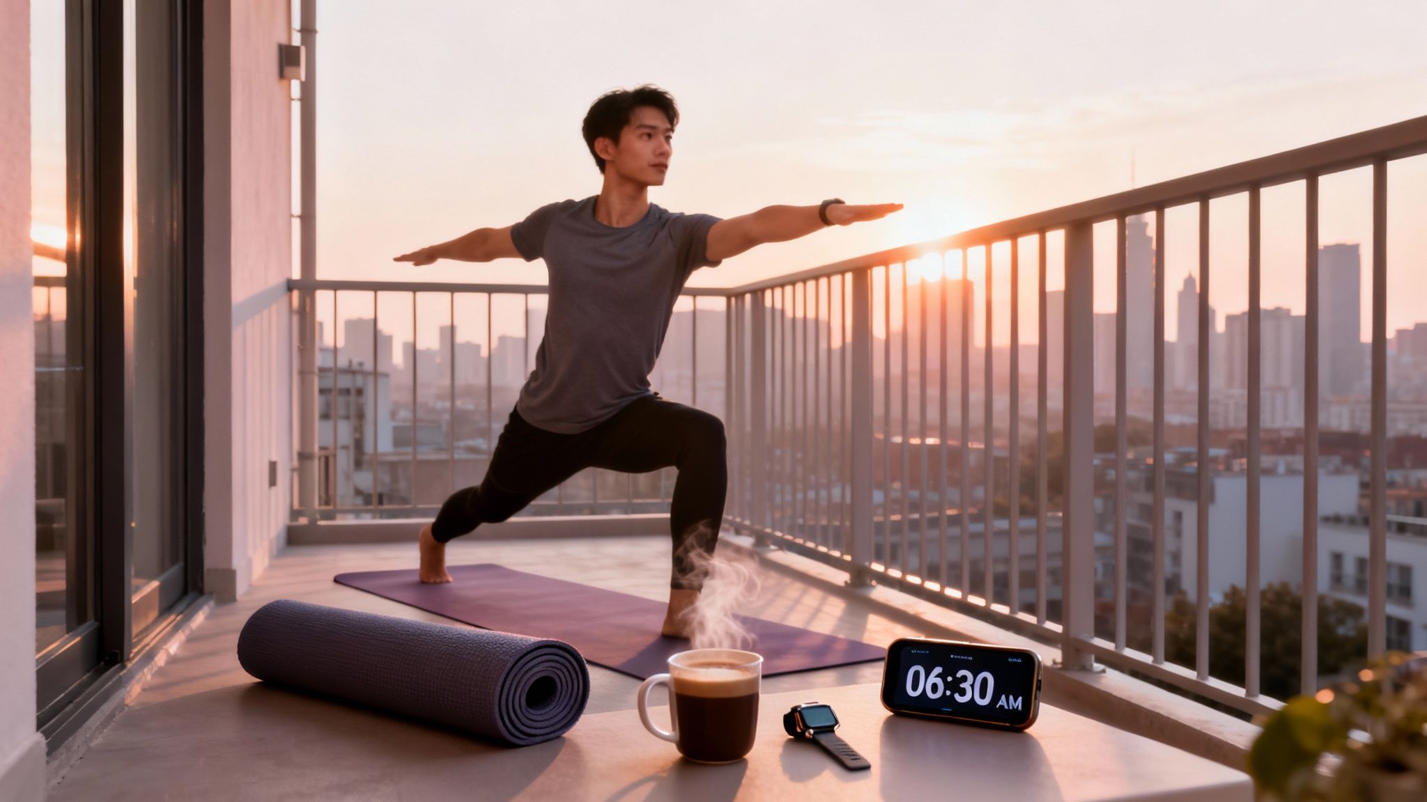 Early morning exercise — young man practices yoga on a balcony at sunrise, with coffee, smartwatch, and phone.