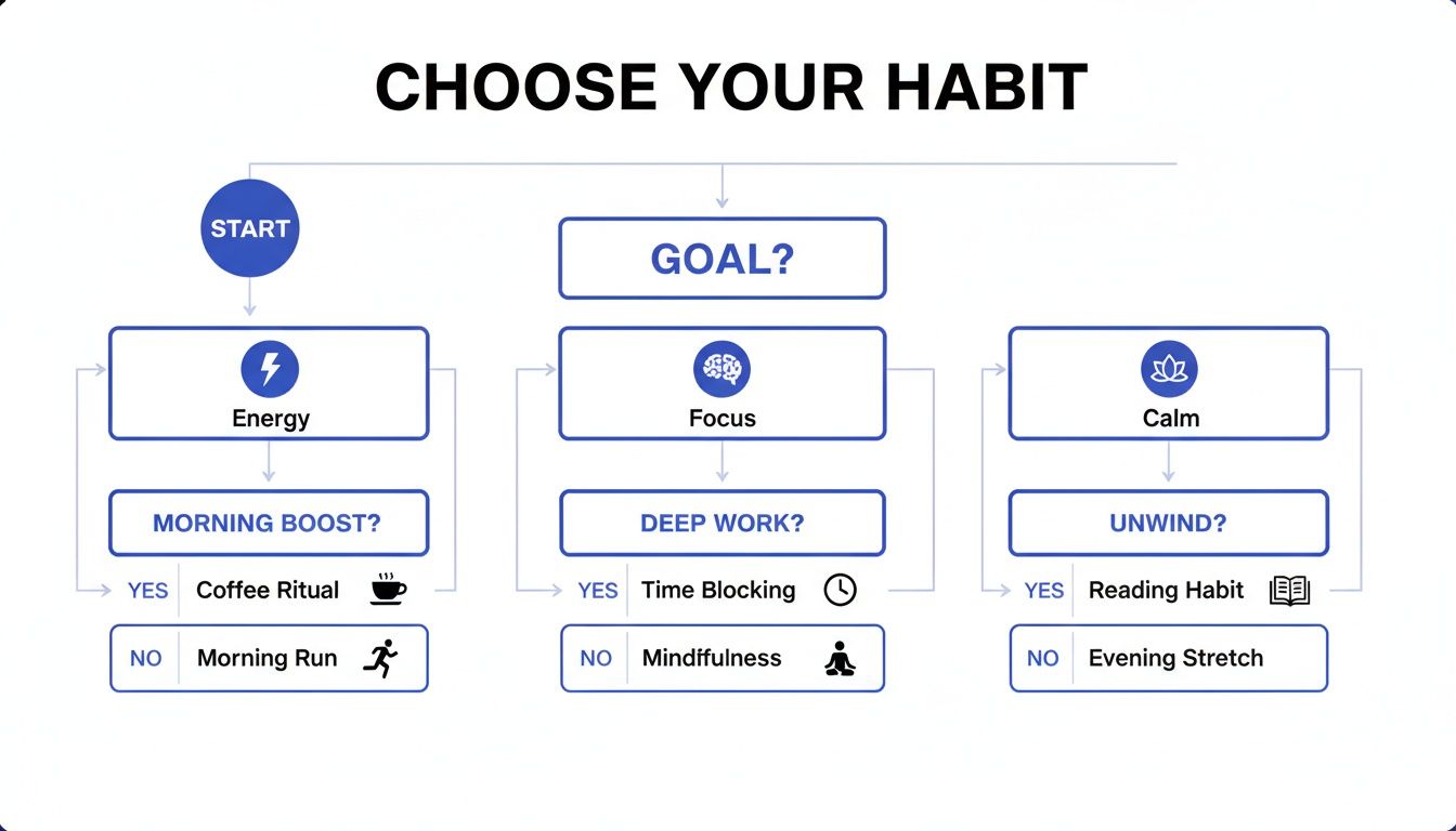 How to create a morning routine: A flowchart titled “Choose Your Habit” that guides users to pick daily habits based on goals like more energy, better focus, or a calmer mood.
